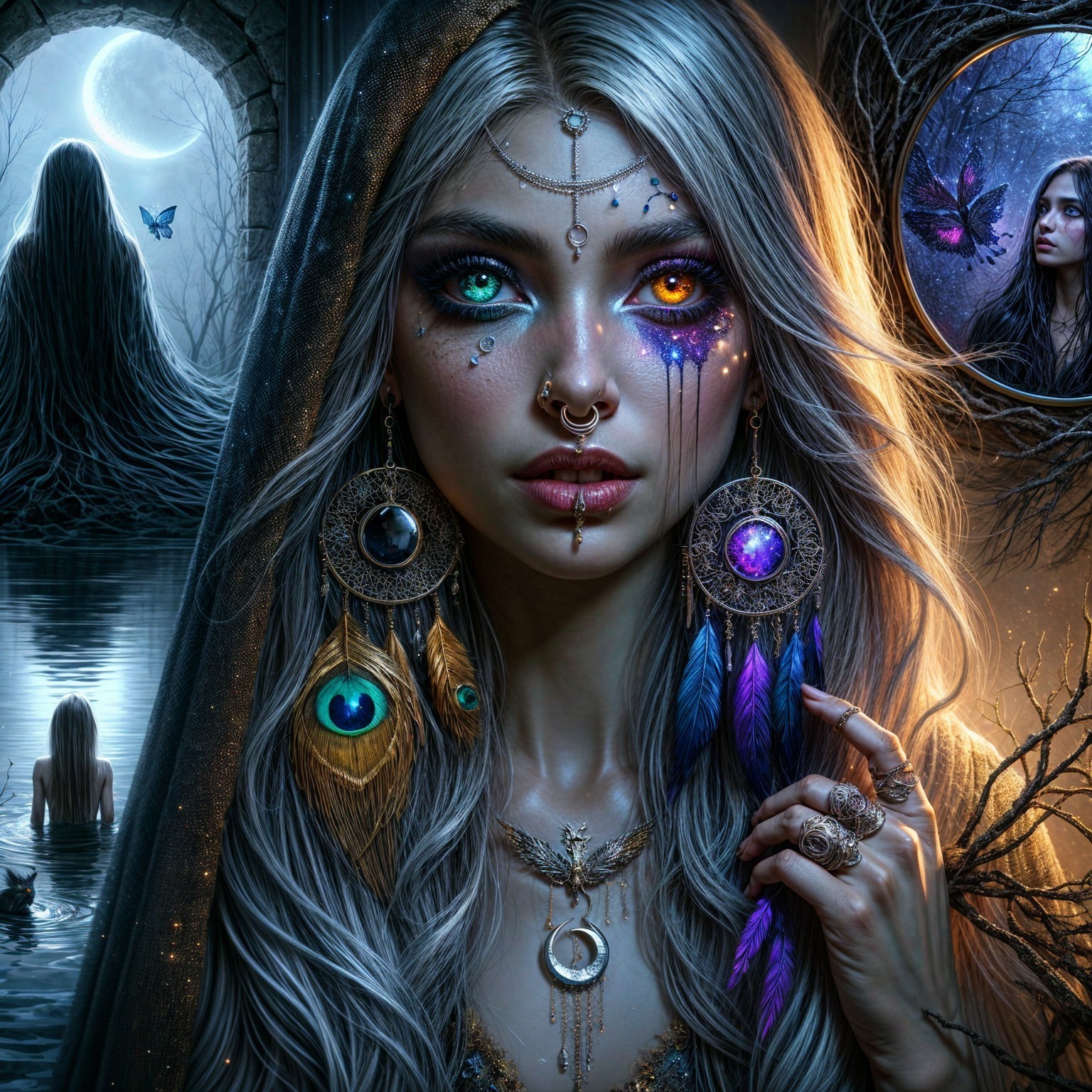 Mystical Woman with Silver Hair in Enchanted Forest
