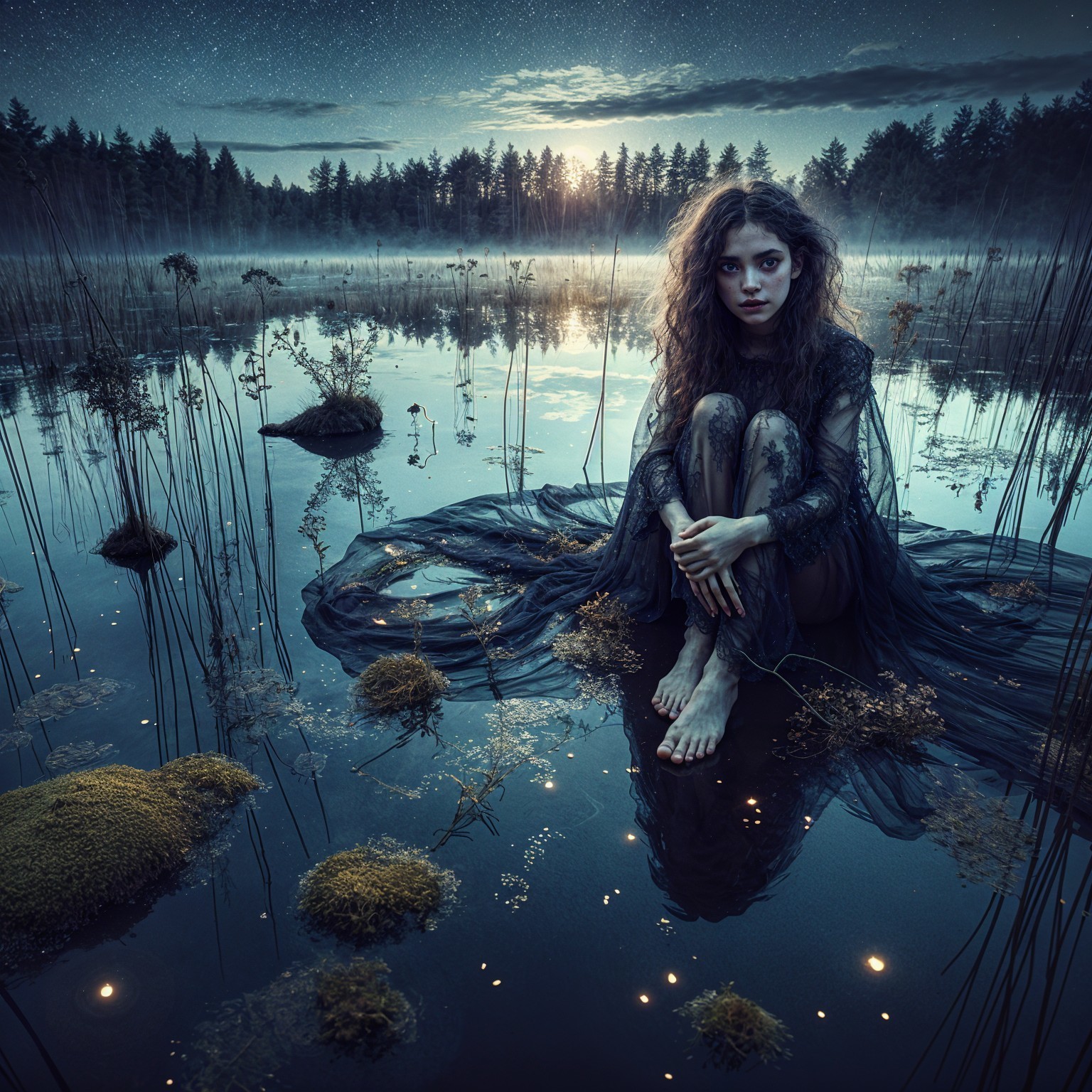 Young Woman in Black Gown by Serene Twilight Water