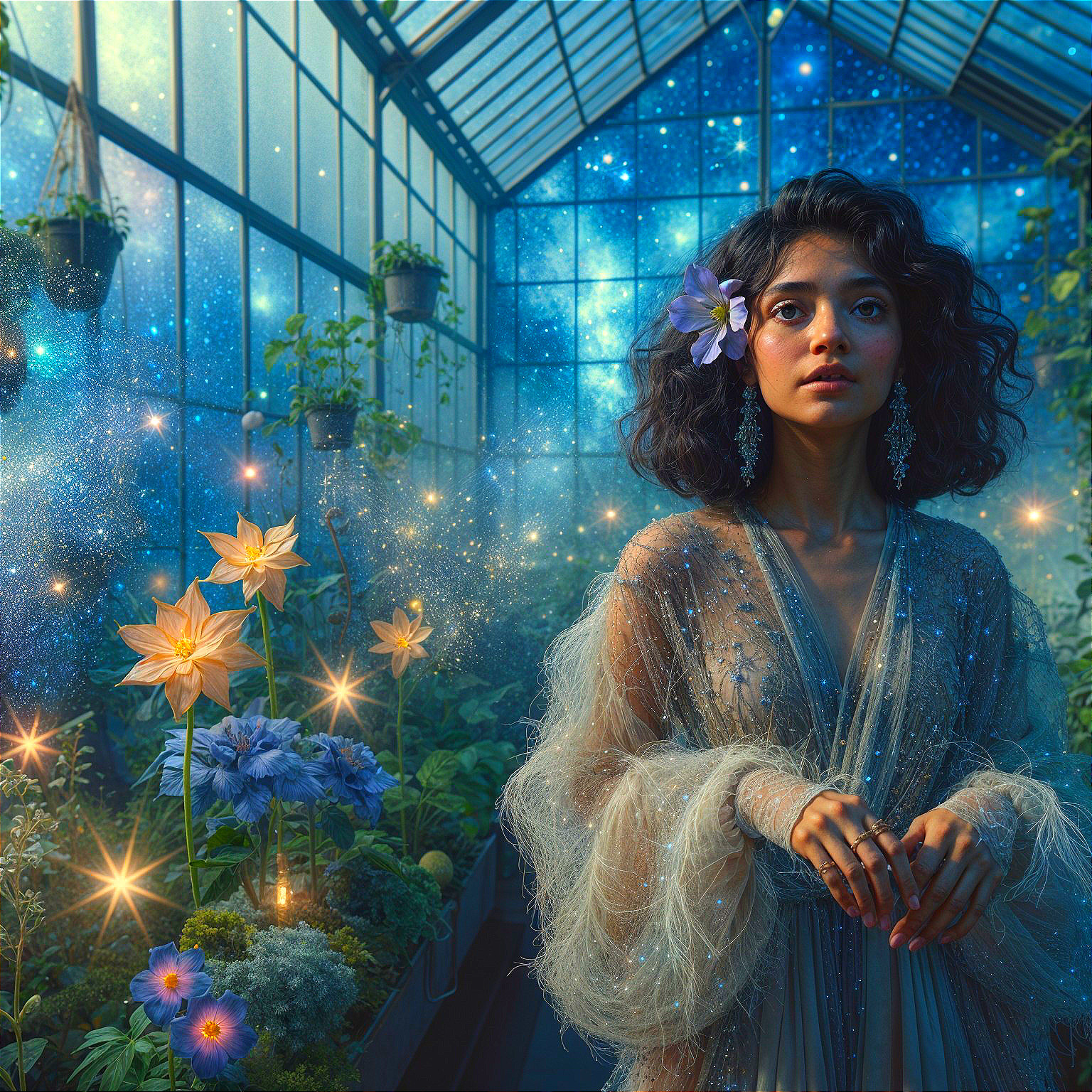 Celestial Greenhouse with Enchanting Floral Atmosphere