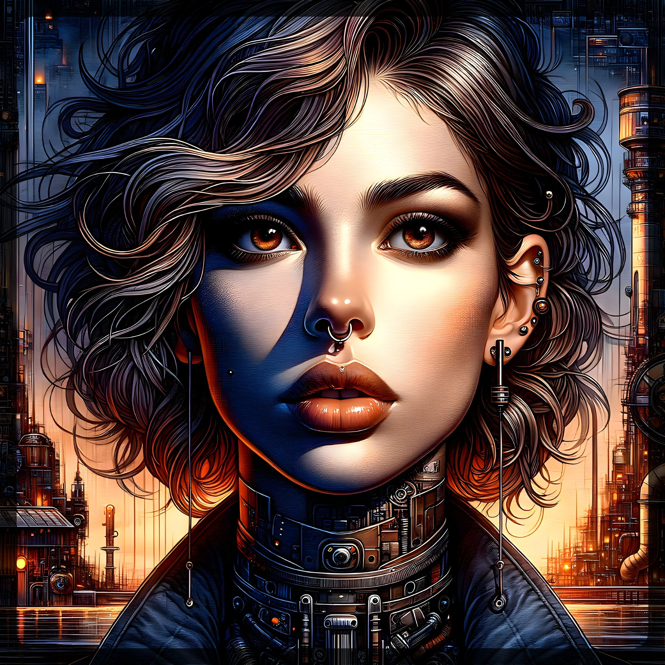 Portrait of a Young Woman in a Futuristic Cityscape