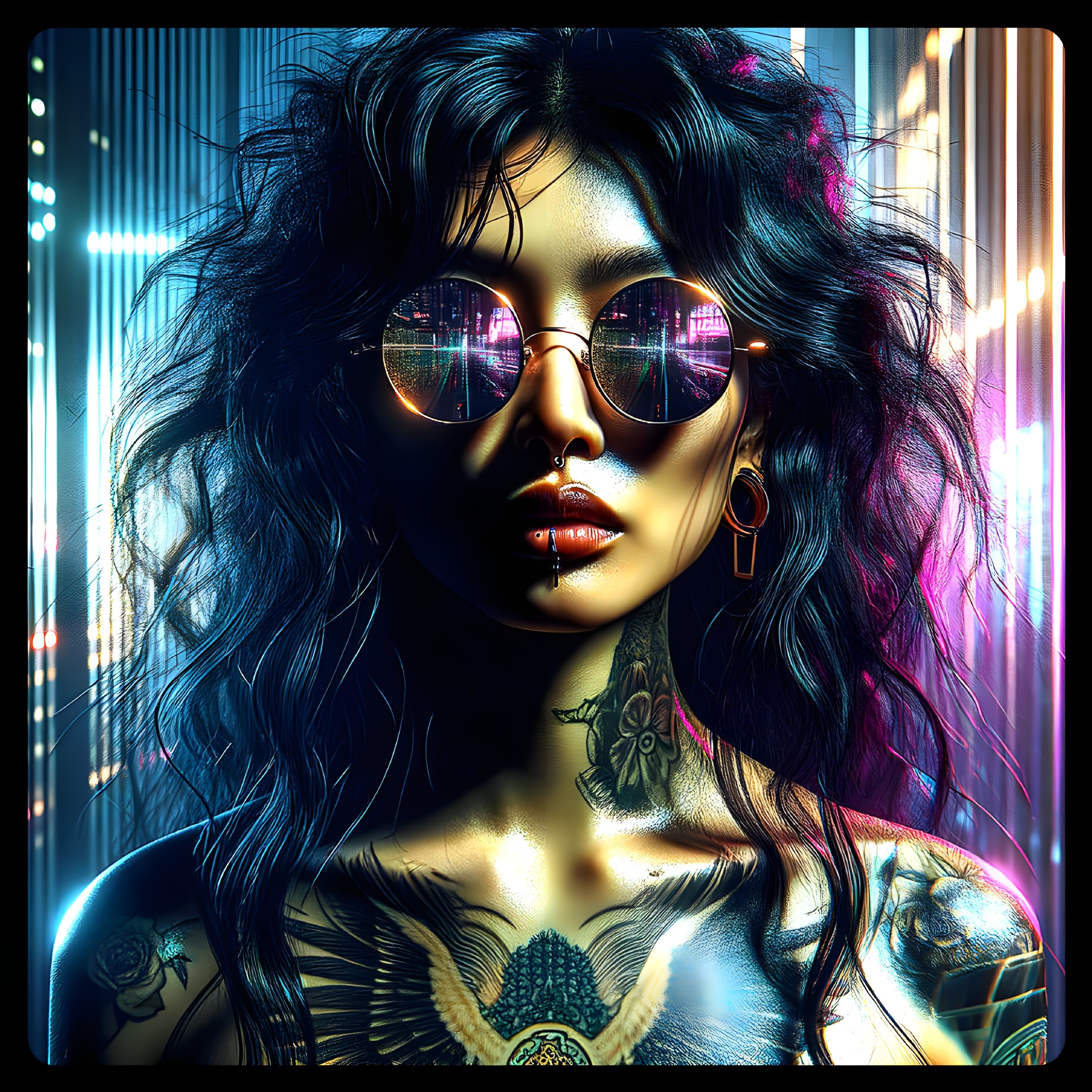 Portrait of a Woman with Tattoos and Bold Sunglasses