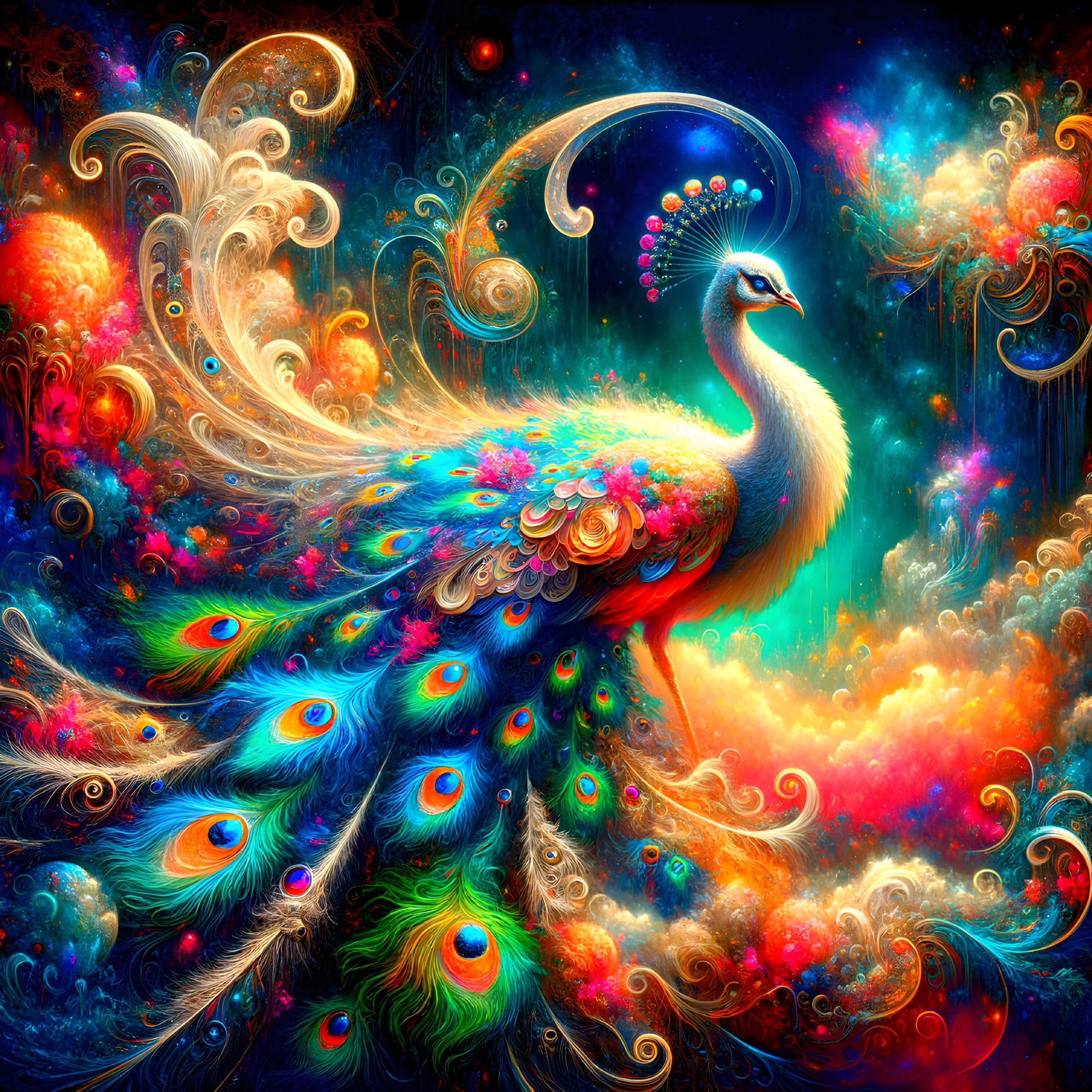 Surreal Peacock with Iridescent Feathers in Cosmic Scene