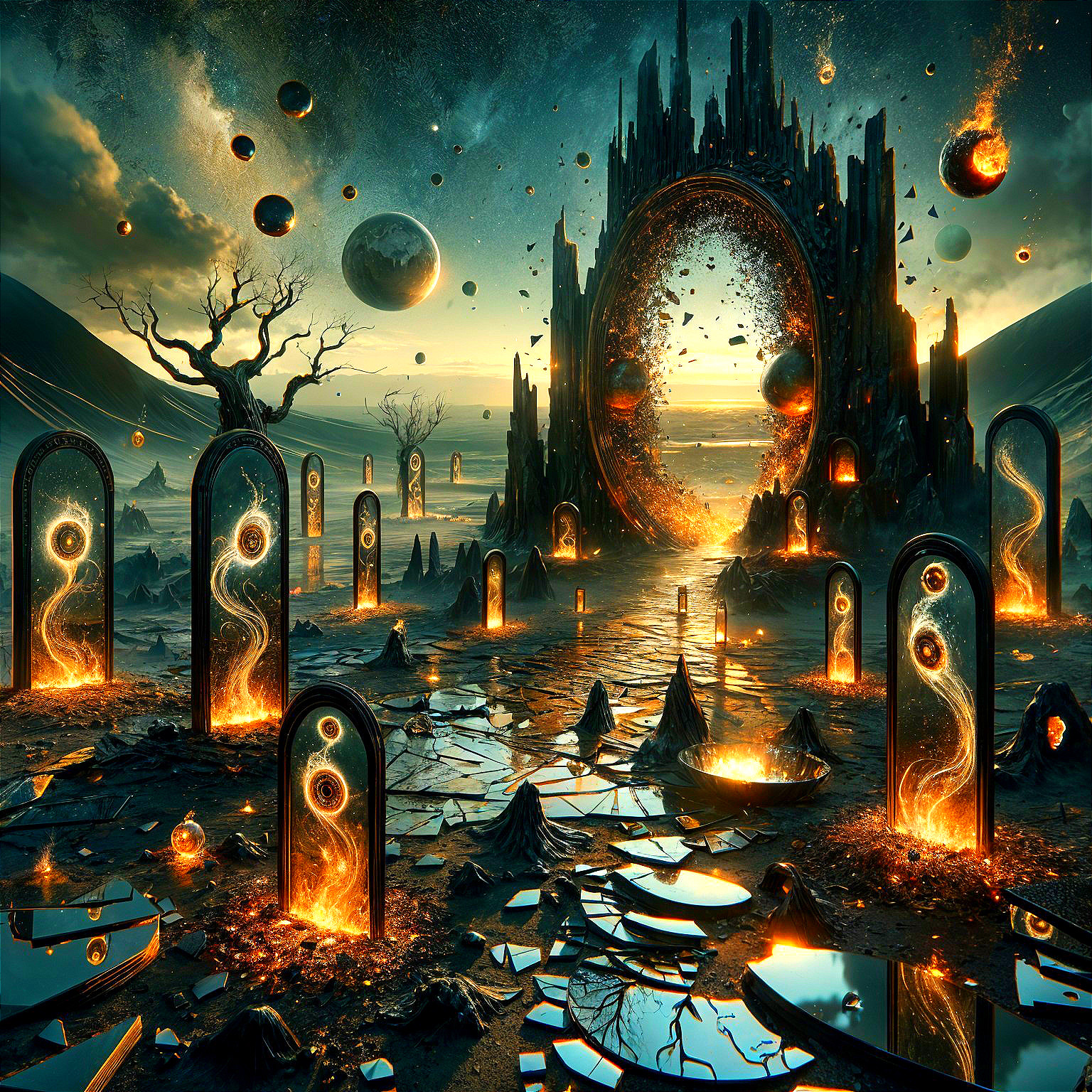 Surreal Landscape with Dramatic Sunset and Orbs