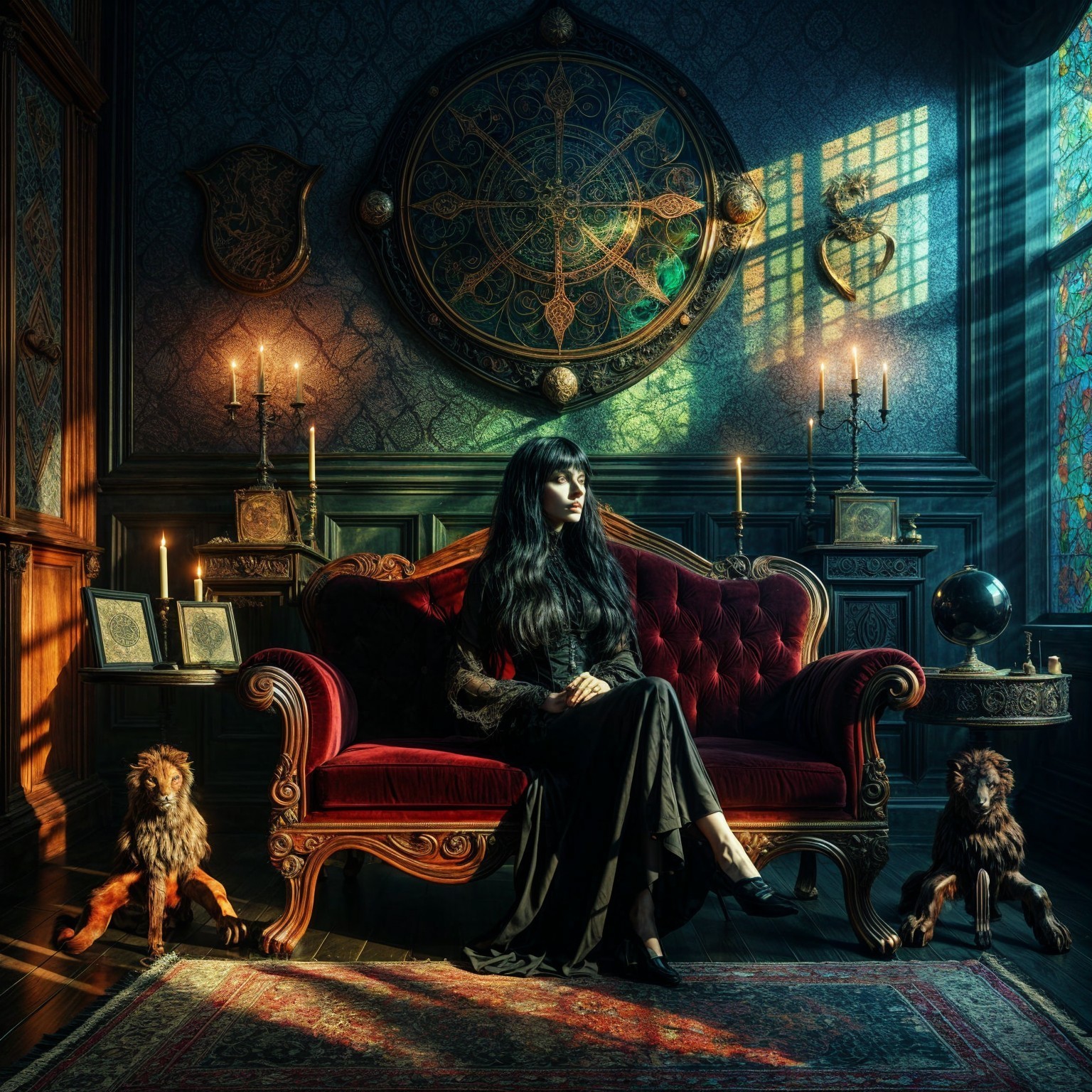 Elegant Woman in Ornate Room with Lion Statues