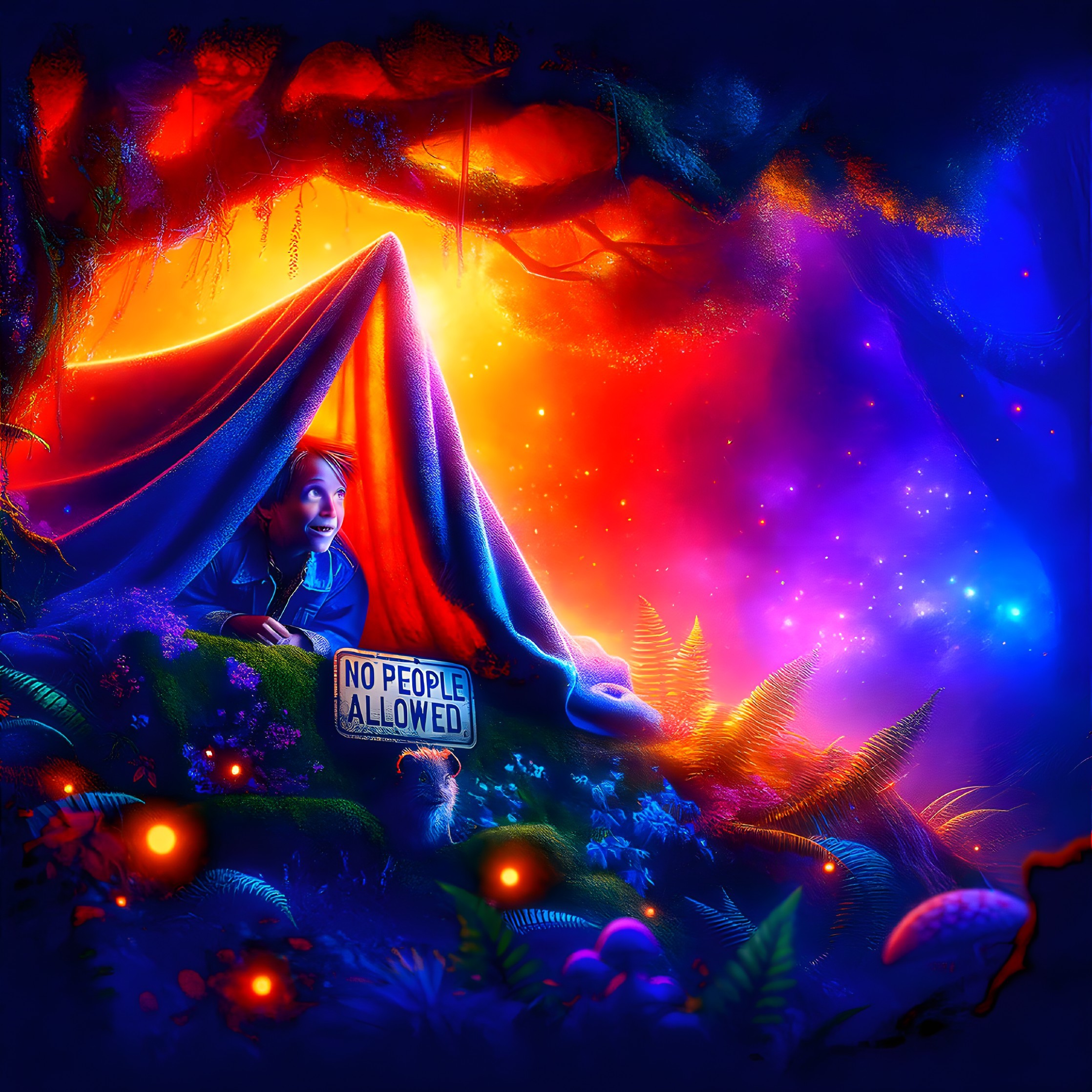Child in Colorful Tent Surrounded by Dreamy Scenery