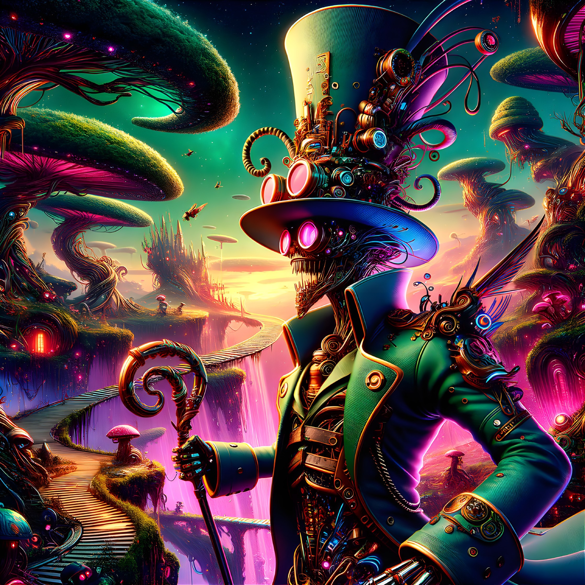 Skeletal Figure in Top Hat in Surreal Landscape