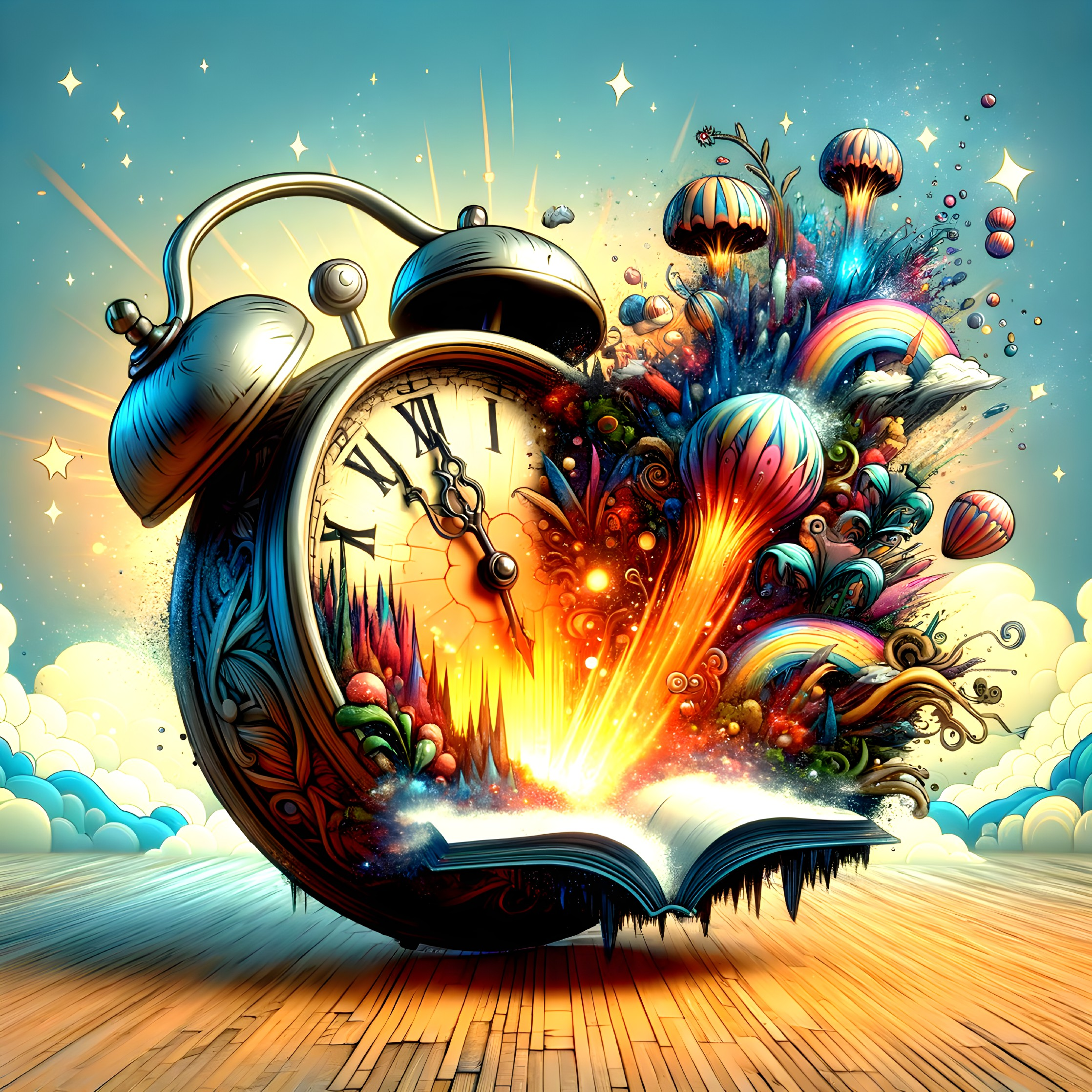 Ornate Alarm Clock Merging with Colorful Open Book