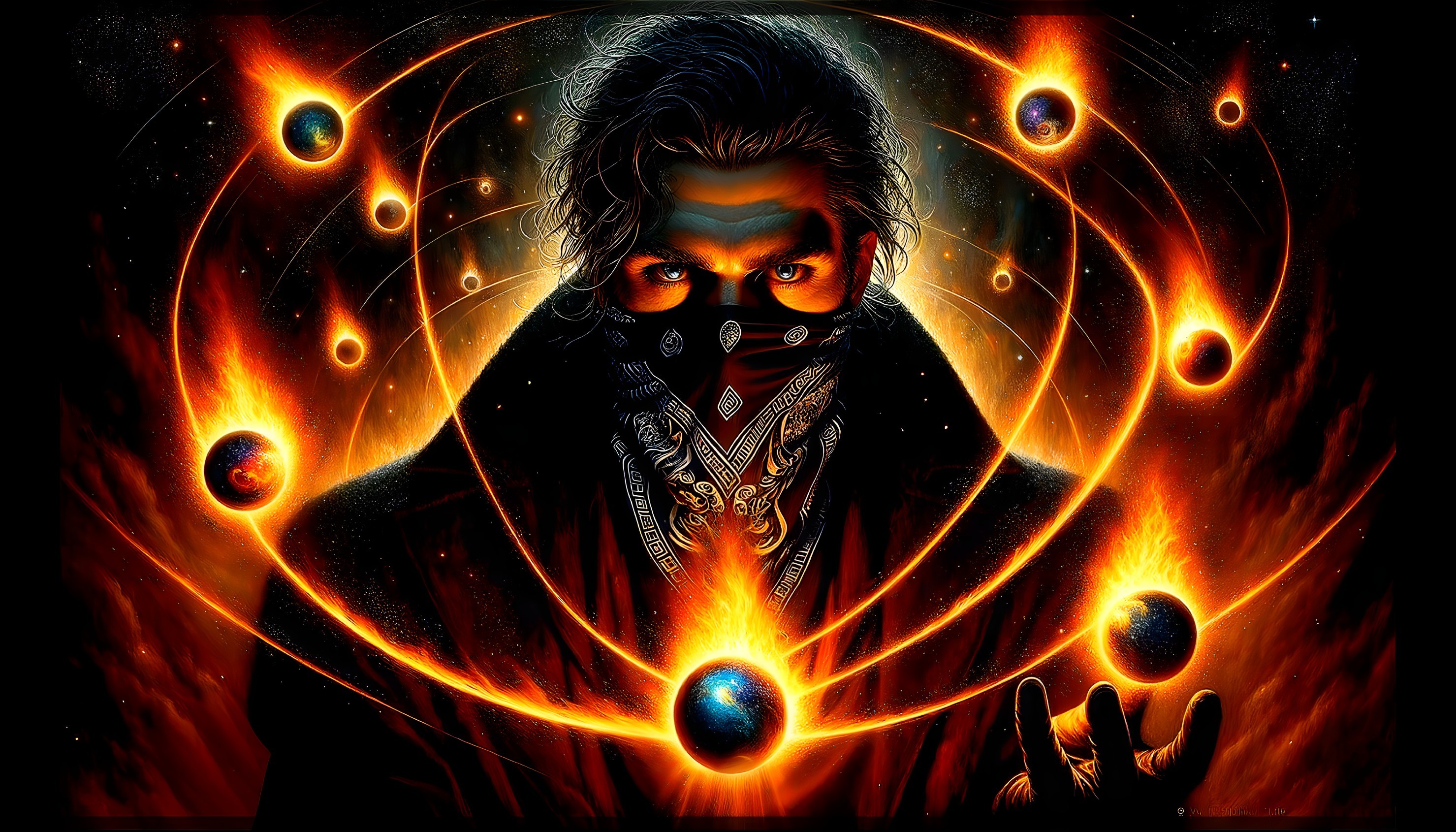 Mysterious figure with fiery orbs in cosmic scene