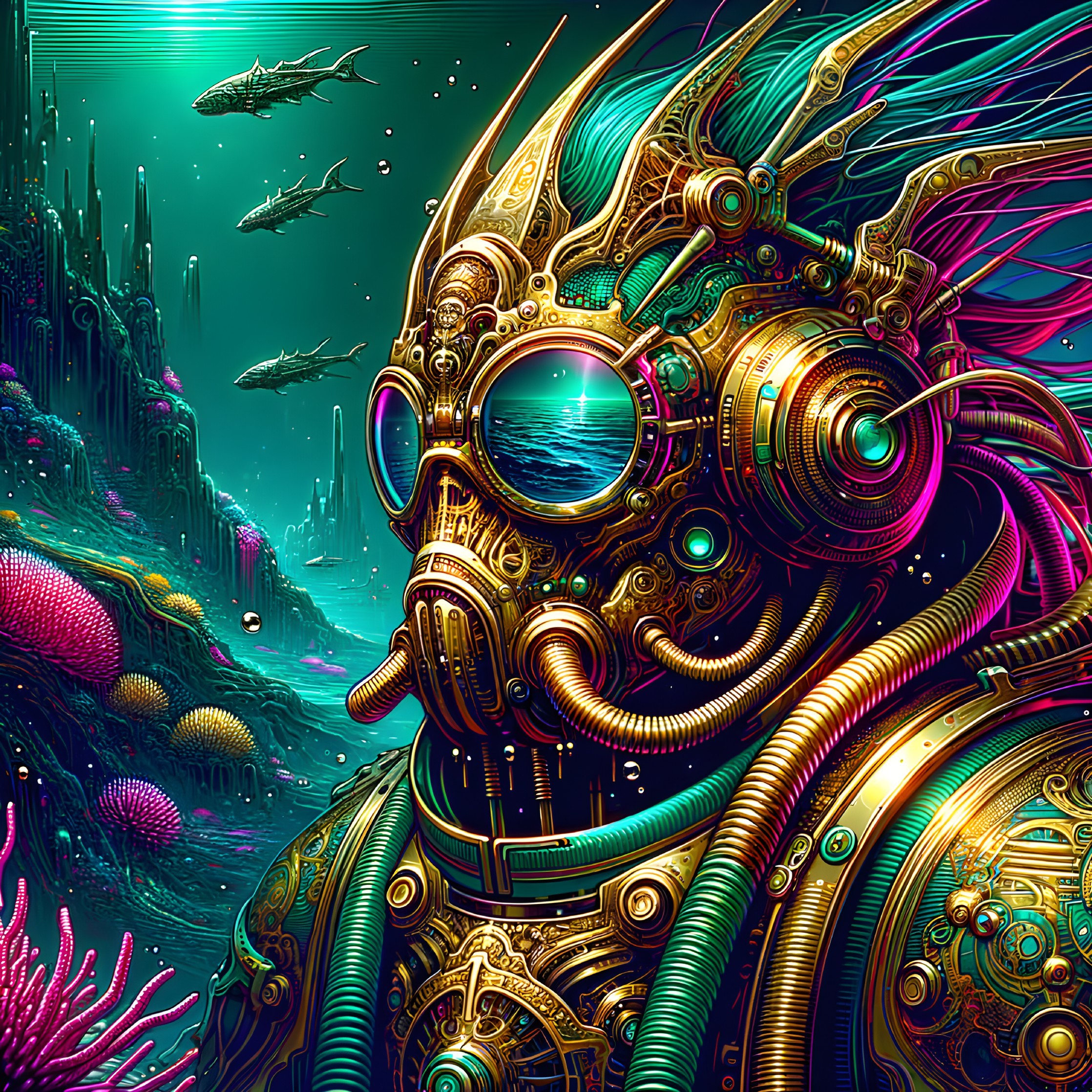 Futuristic Diver in Steampunk Suit Underwater Scene