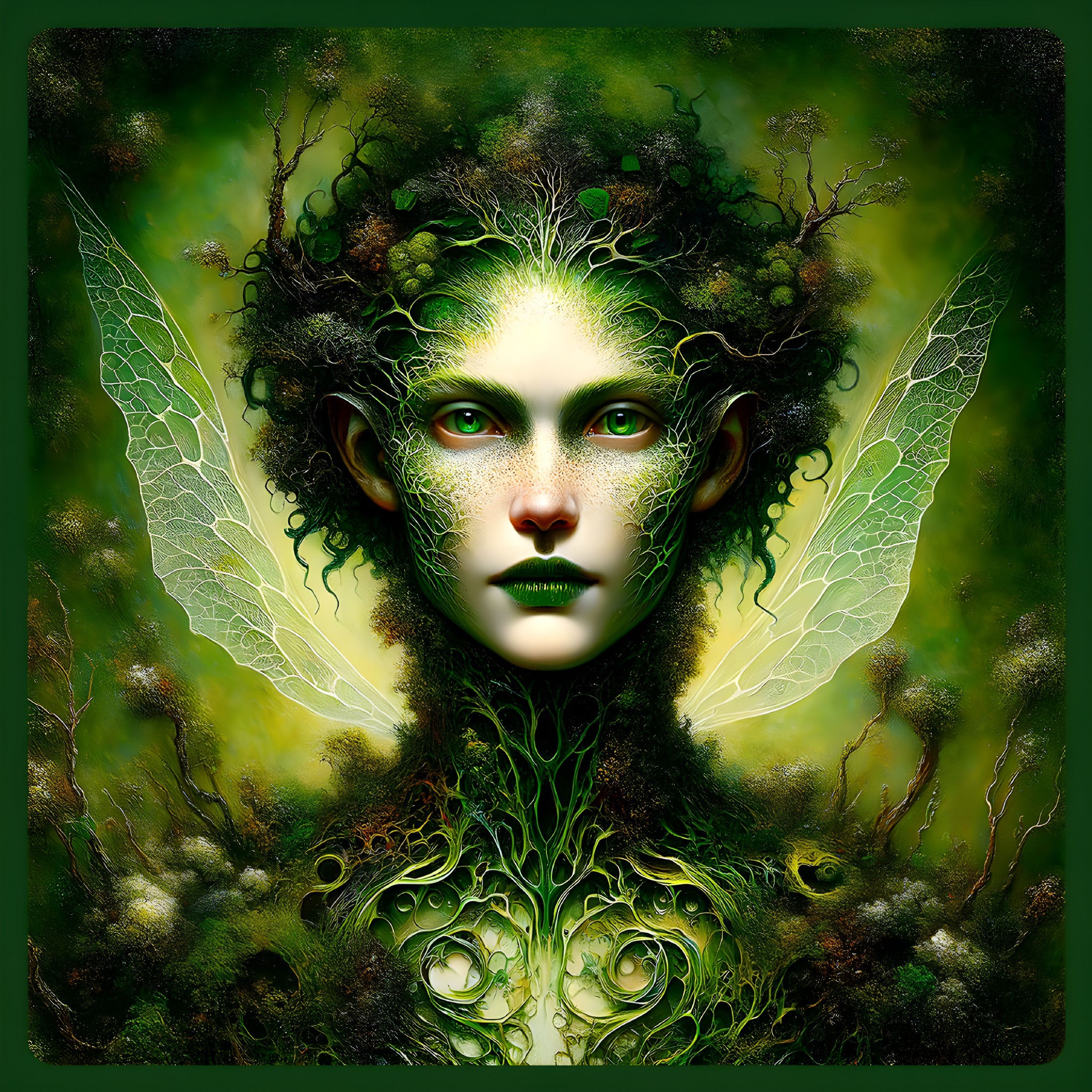 Mystical figure with nature elements and translucent wings