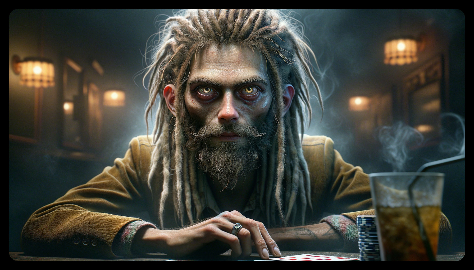 Man with Dreadlocks and Beard in Dim Lighting