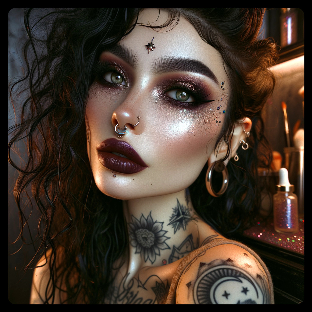 Portrait of a woman with tattoos and bold makeup