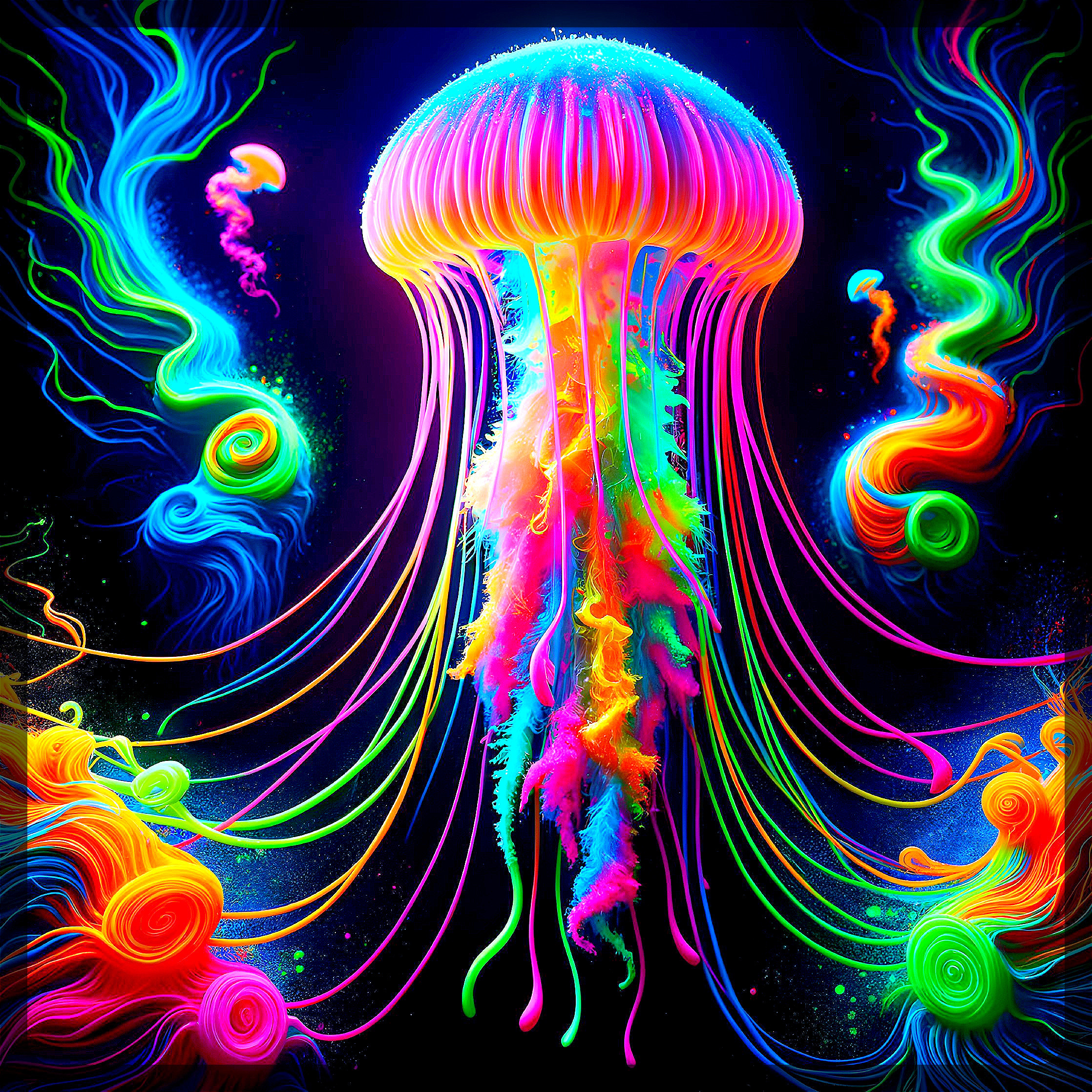 Vibrant Neon Jellyfish in a Dark Underwater Scene