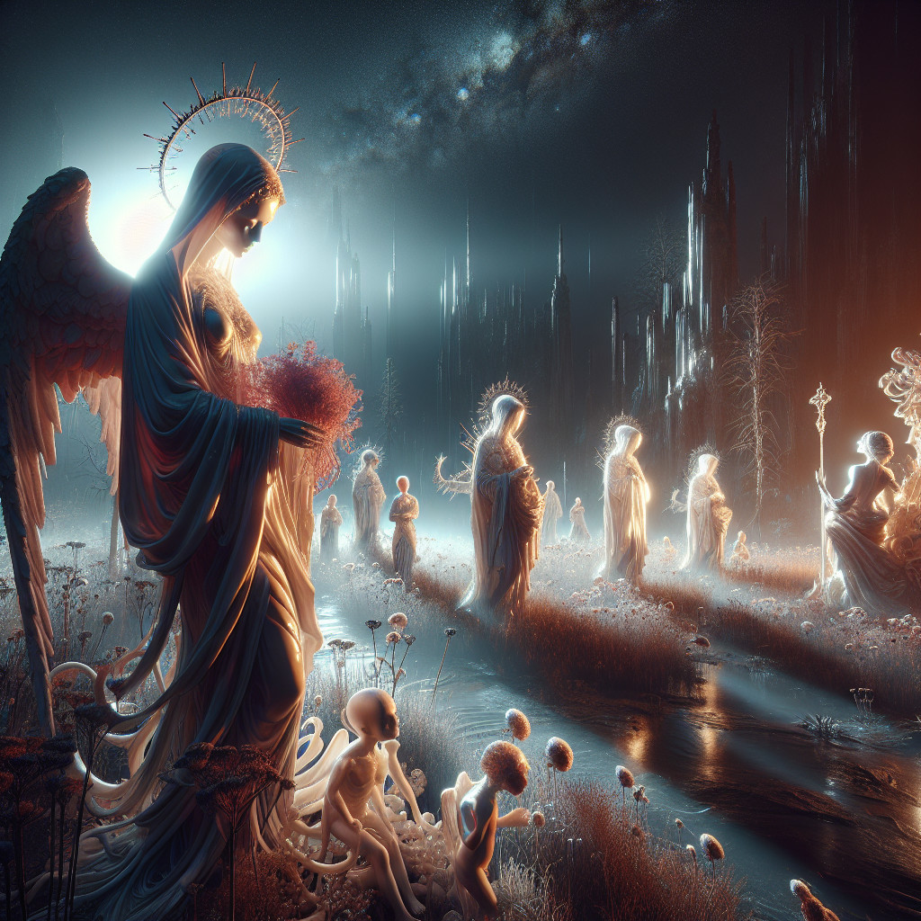 Serene Ethereal Landscape with Angelic Figure and Statues