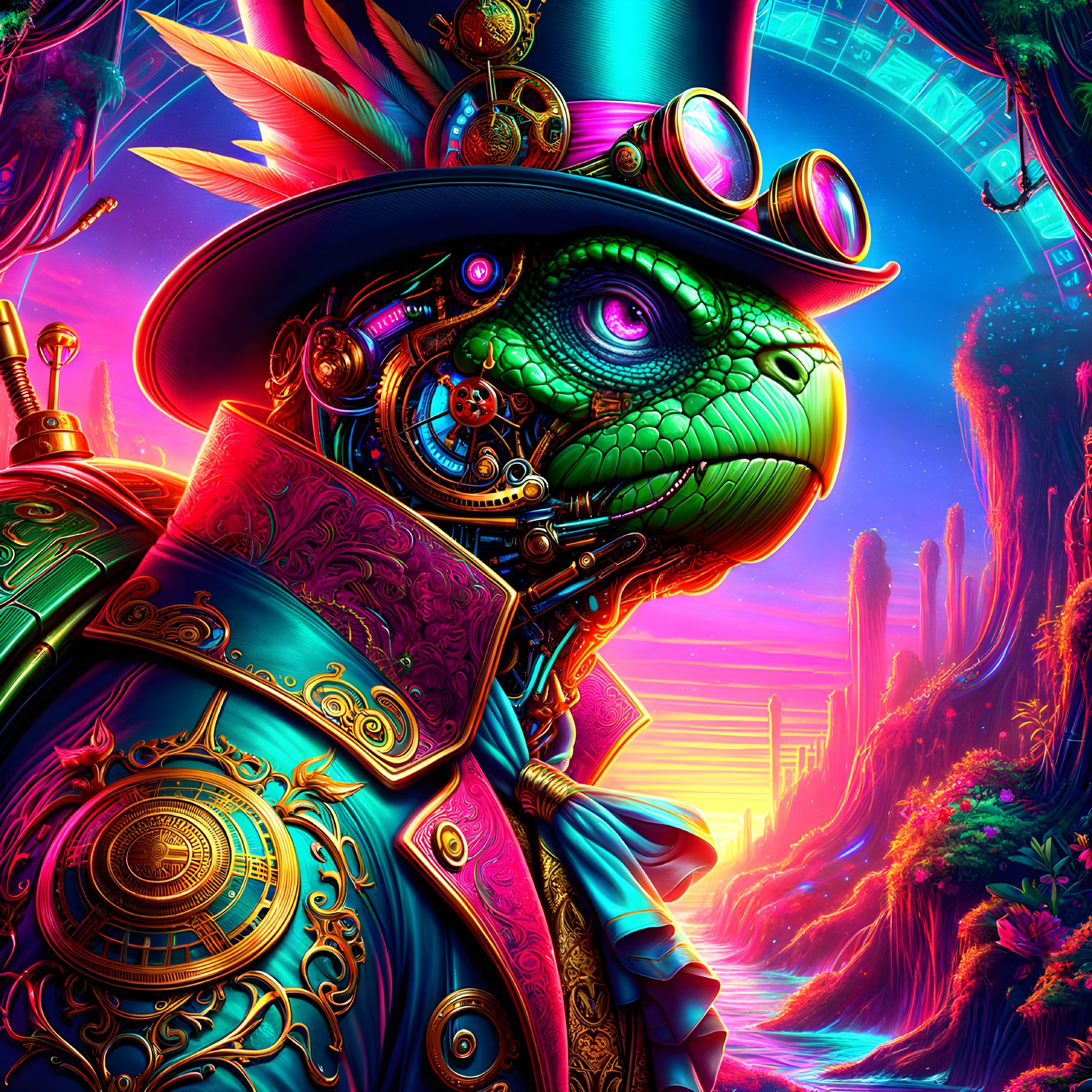 Futuristic Steampunk Tortoise in Surreal Landscape