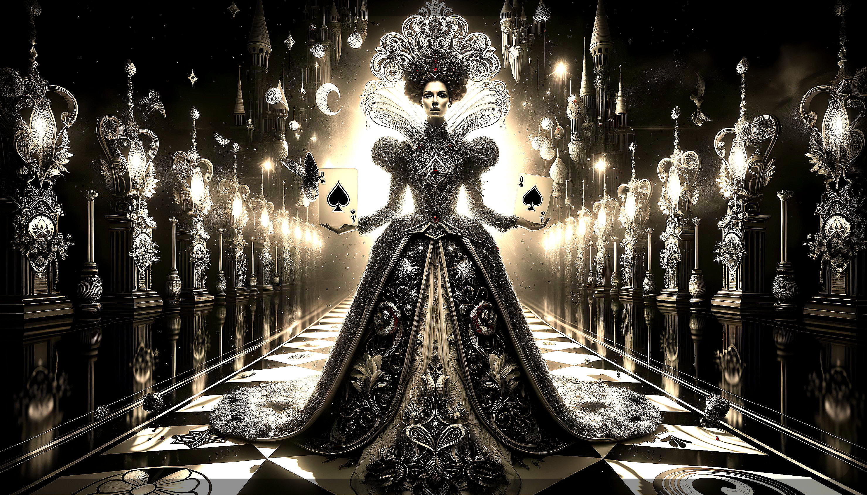 Regal Figure in Ornate Gown with Playing Cards