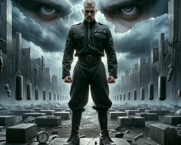 Powerful figure in military uniform in desolate landscape