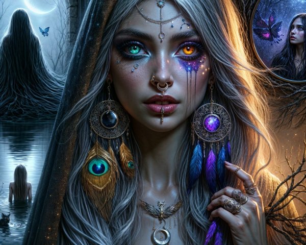 Mystical Woman with Silver Hair in Enchanted Forest