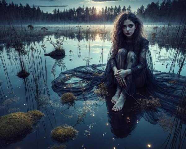 Young Woman in Black Gown by Serene Twilight Water