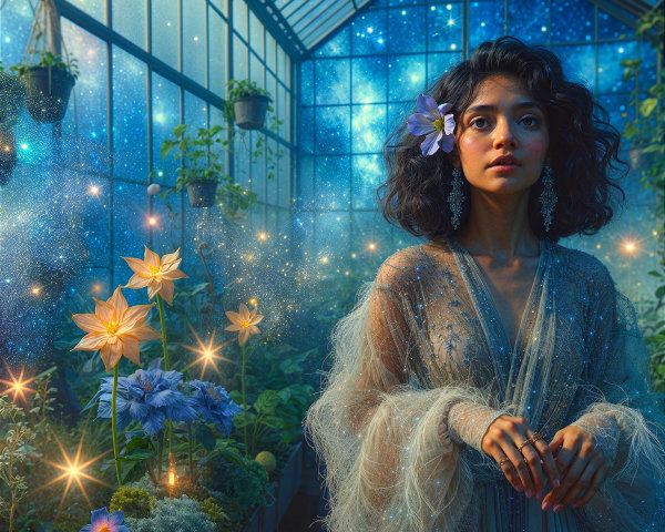 Celestial Greenhouse with Enchanting Floral Atmosphere