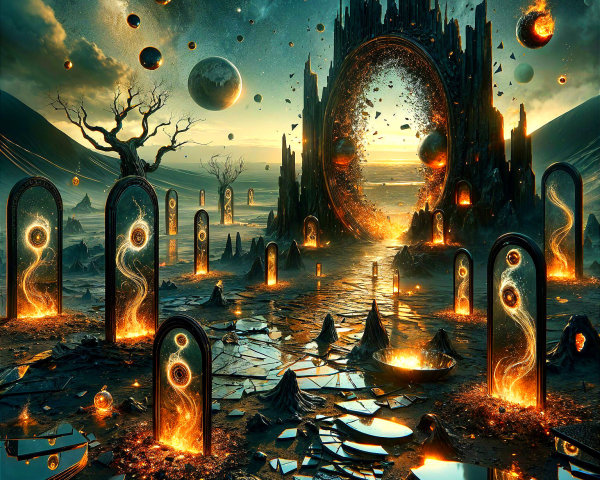 Surreal Landscape with Dramatic Sunset and Orbs