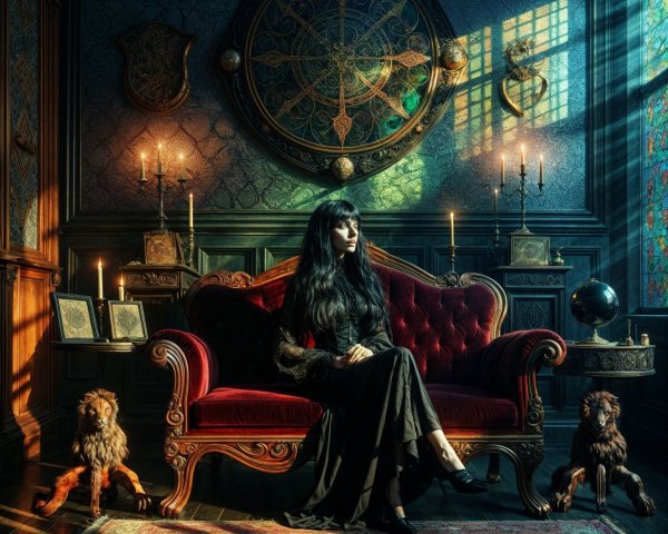 Elegant Woman in Ornate Room with Lion Statues