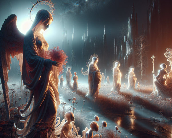 Serene Ethereal Landscape with Angelic Figure and Statues