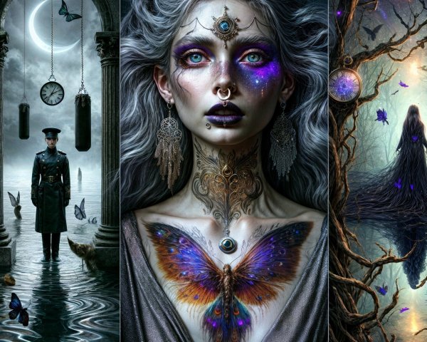 Three Panels of Surreal and Mystical Imagery