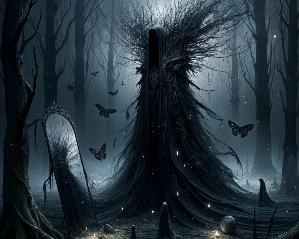 Shadowy Figure in Enchanted Forest with Butterflies