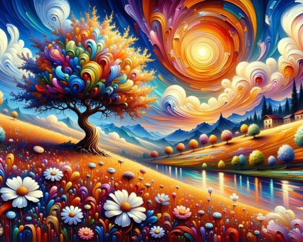 Whimsical Landscape with Colorful Tree and River