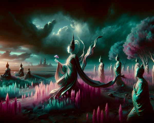 Surreal Landscape with Buddha and Glowing Lotus Flower