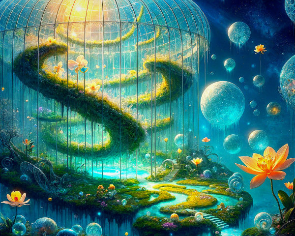 Luminous Garden Within a Glass Dome with Waterway