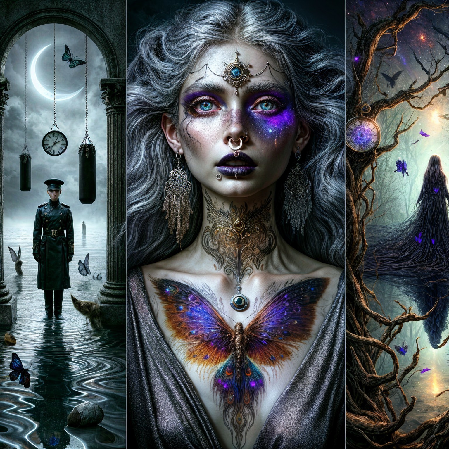 Three Panels of Surreal and Mystical Imagery