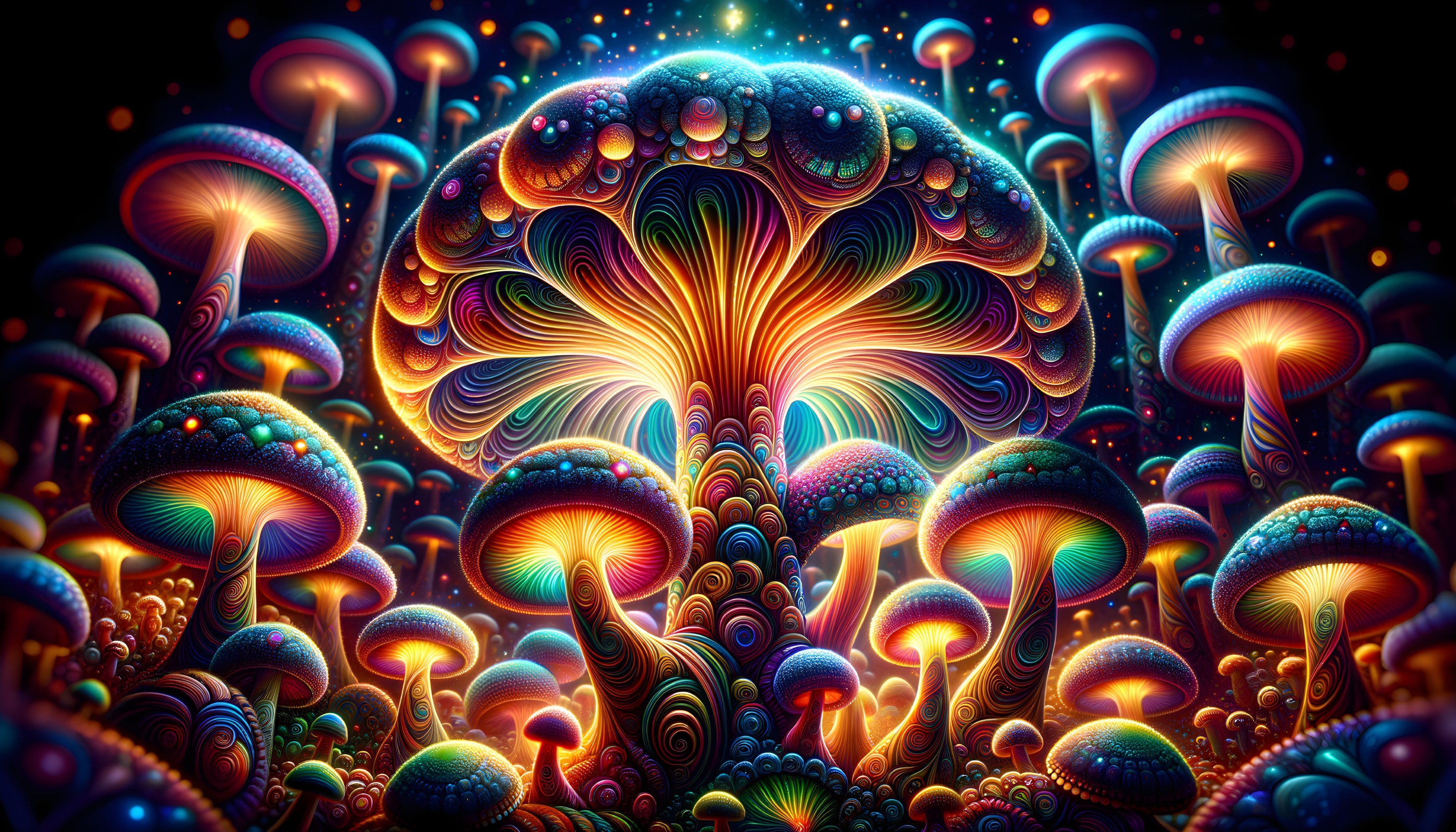 Psychedelic Forest with Colorful Oversized Mushrooms