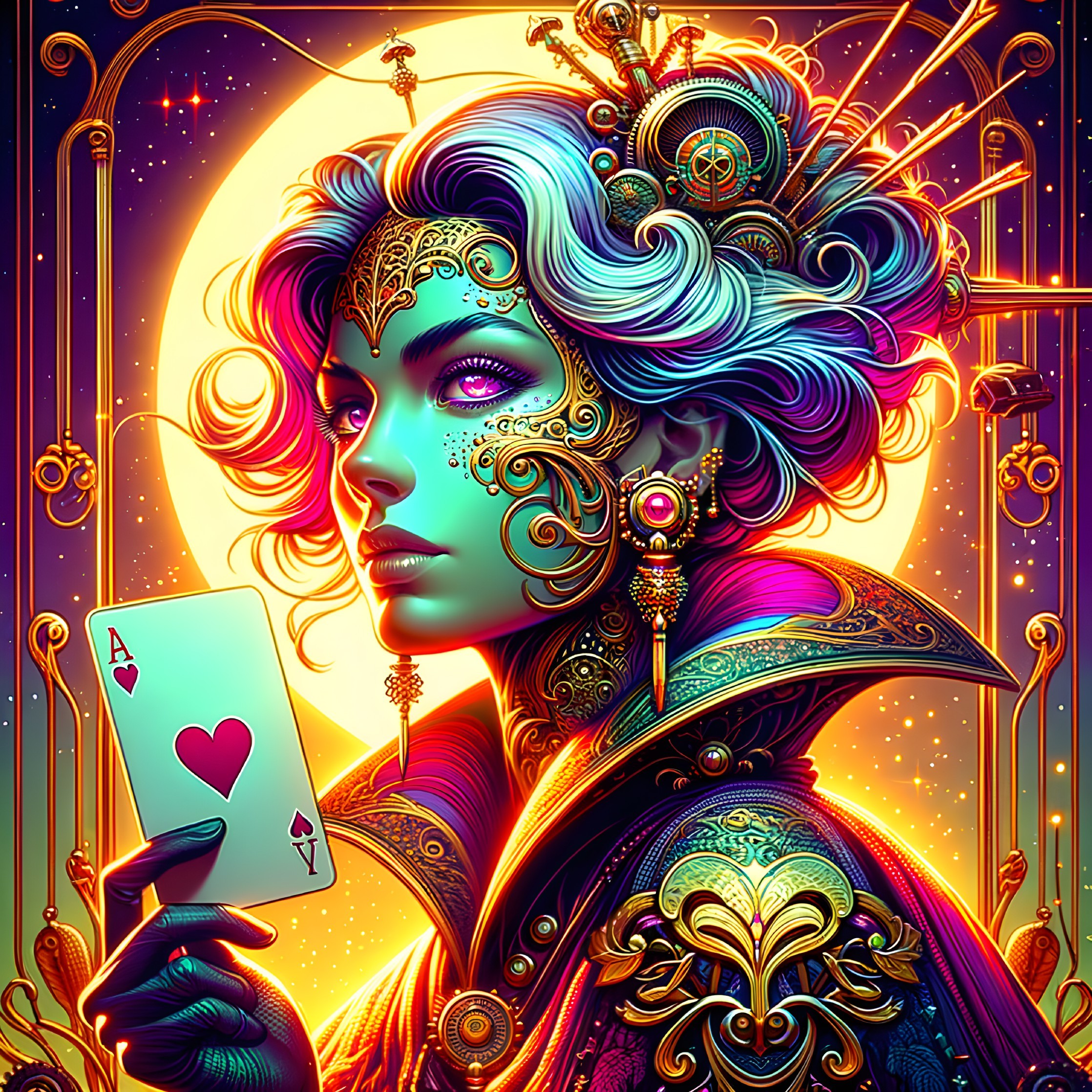 Otherworldly figure with teal skin and moonlit backdrop