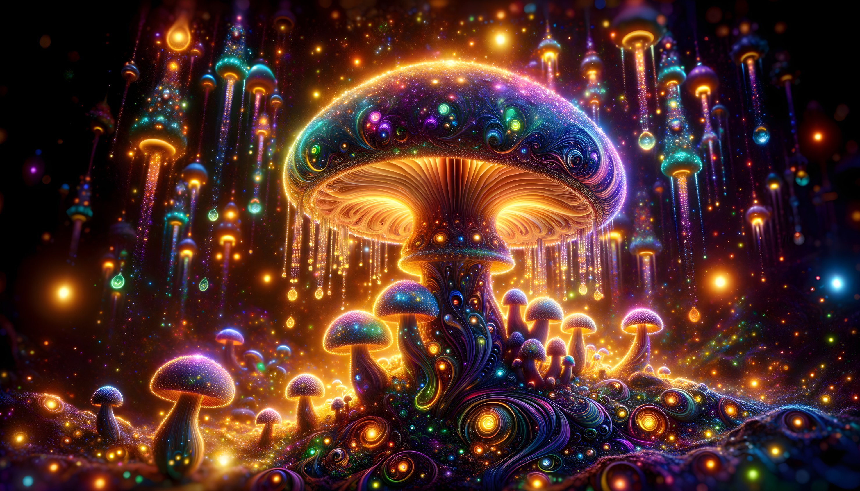 Surreal Landscape with Glowing Mushrooms and Lights