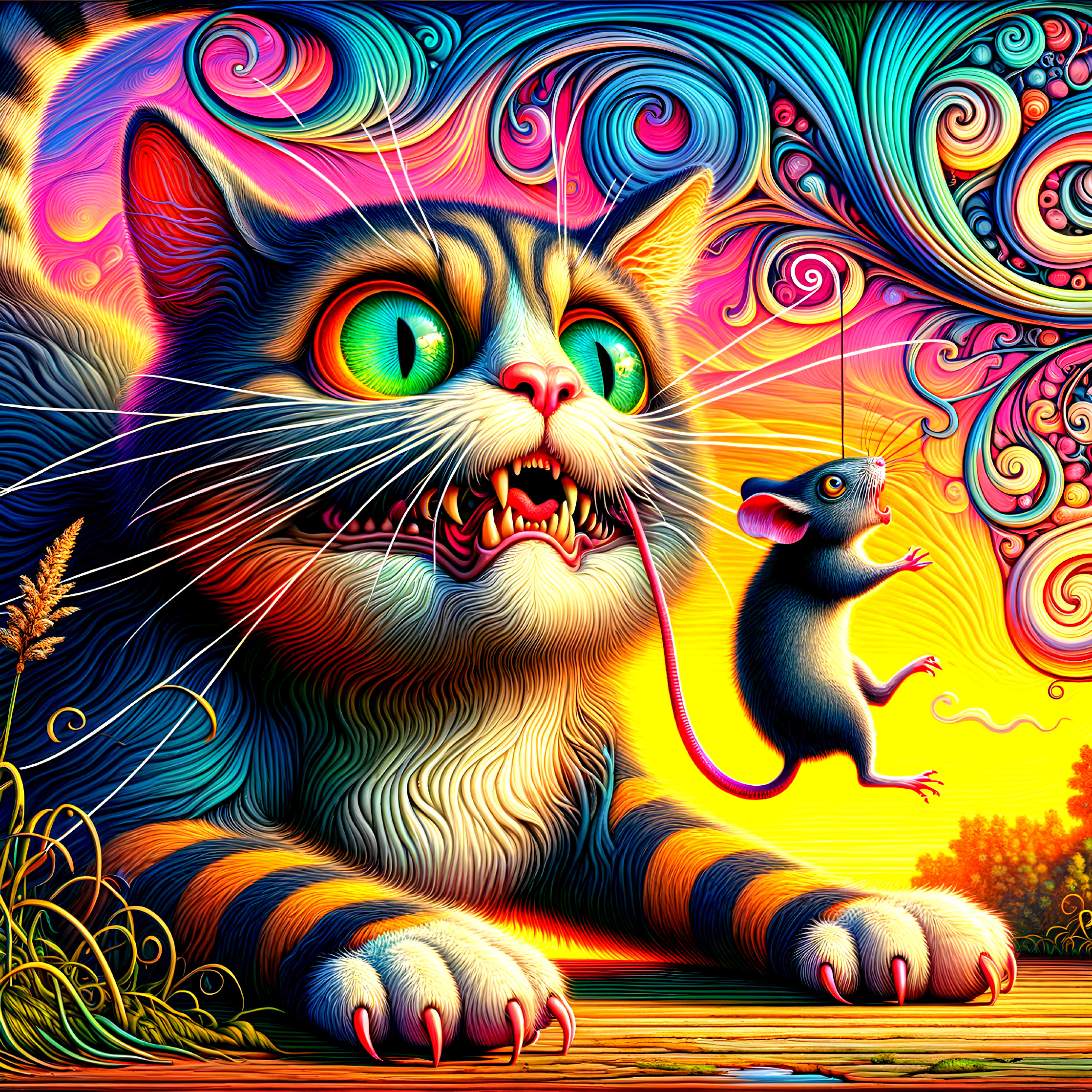 Colorful Illustration of a Cat and Mouse Scene