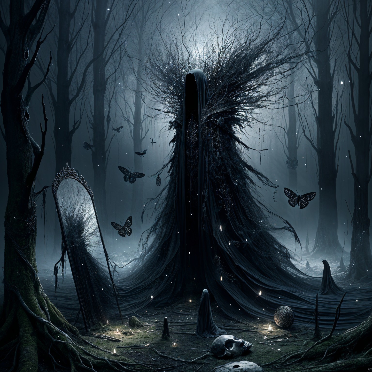 Shadowy Figure in Enchanted Forest with Butterflies