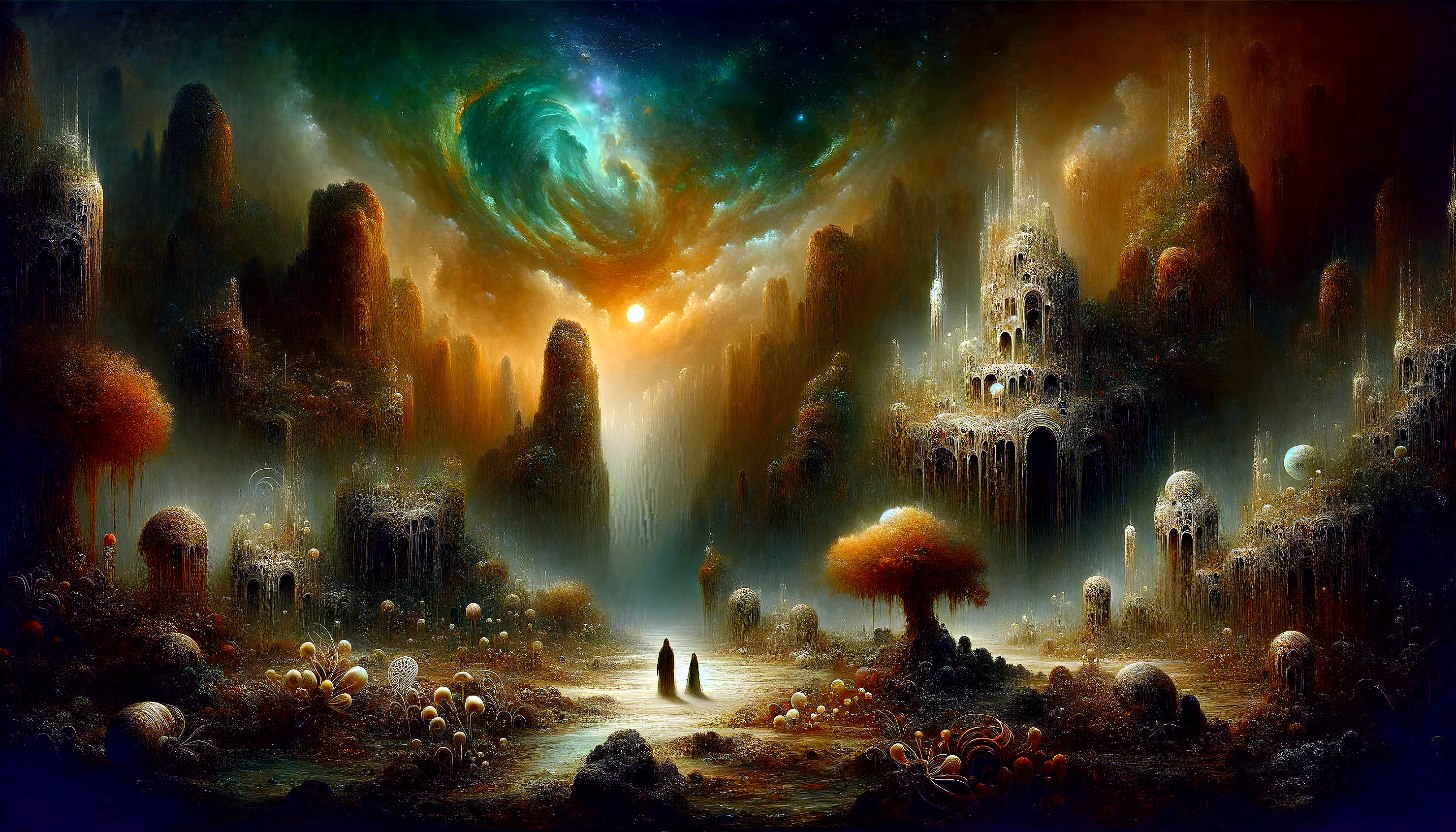 Surreal Landscape with Organic Structures and Cosmic Sky