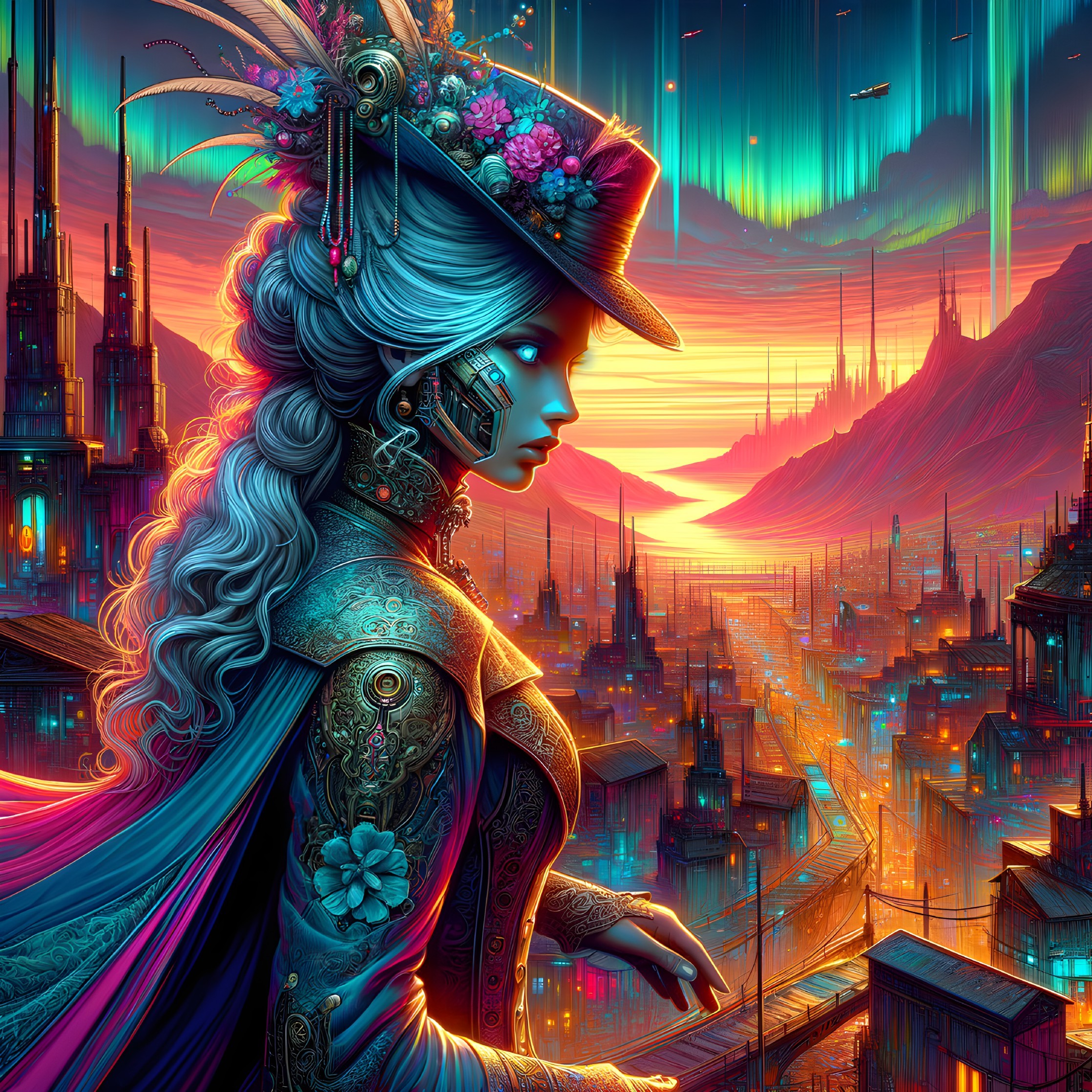Futuristic Landscape with Ornate Attire and Neon Sunset