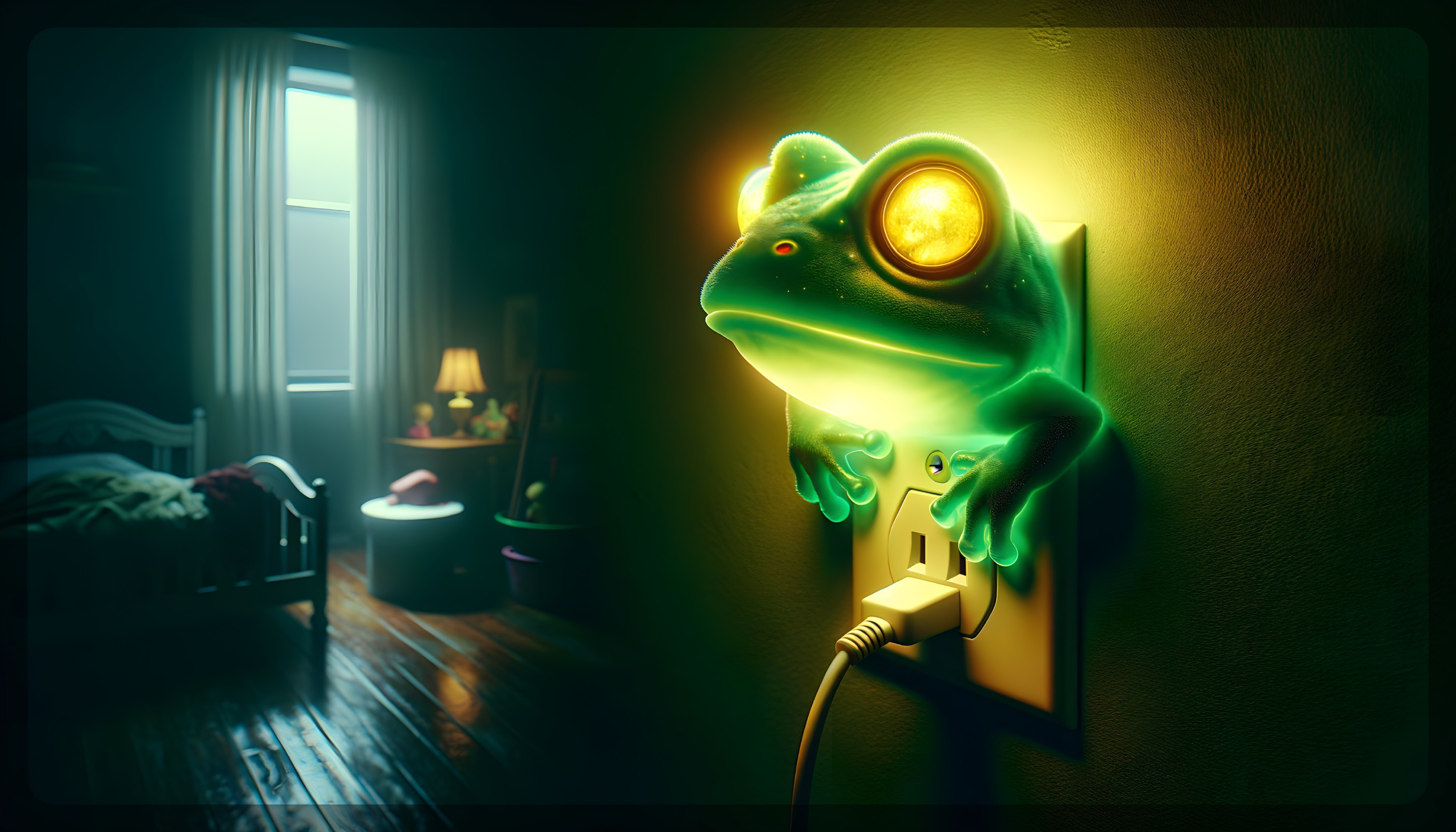 Glowing Green Frog on Wall Socket in Cozy Bedroom