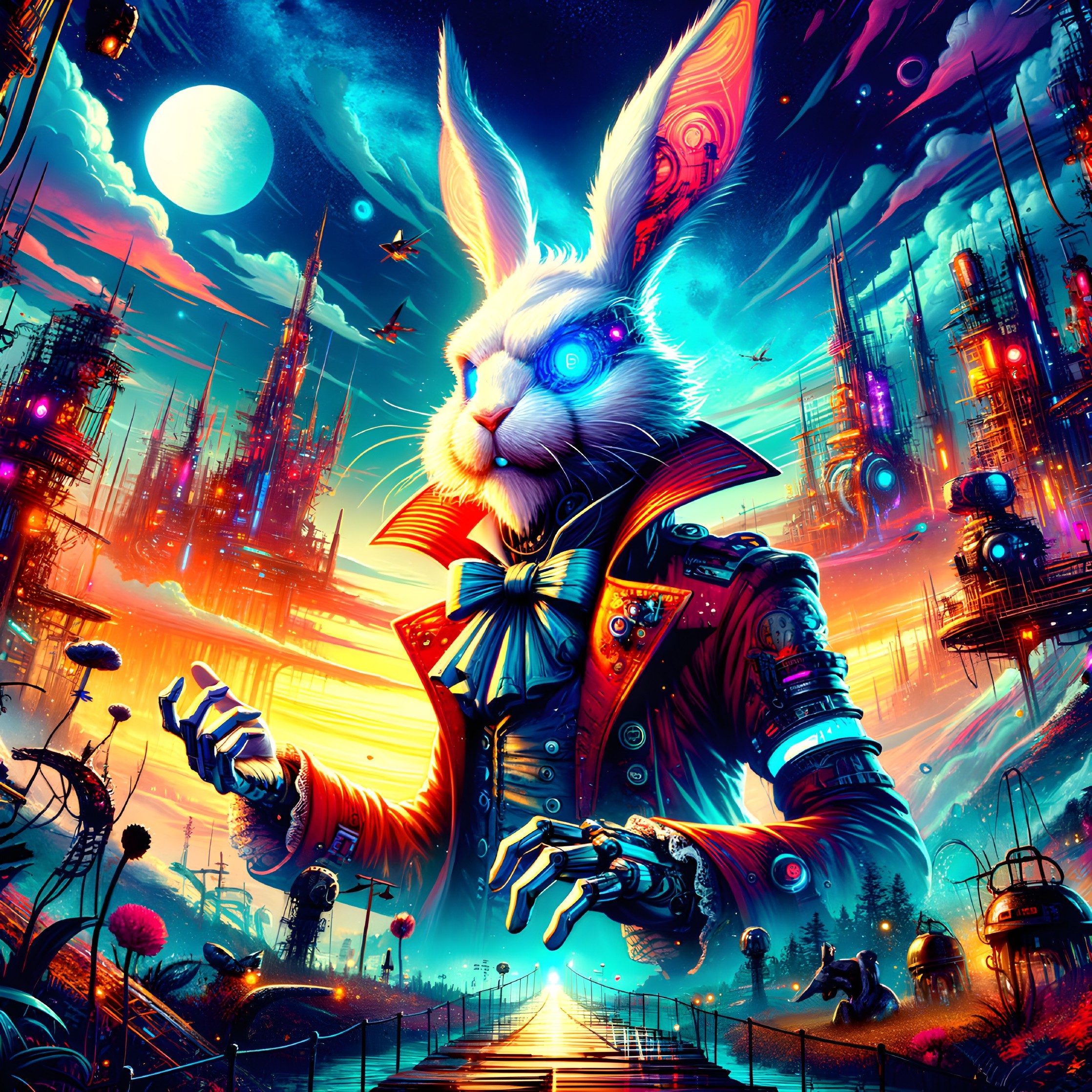 Futuristic Rabbit in Ornate Jacket in Neon Landscape