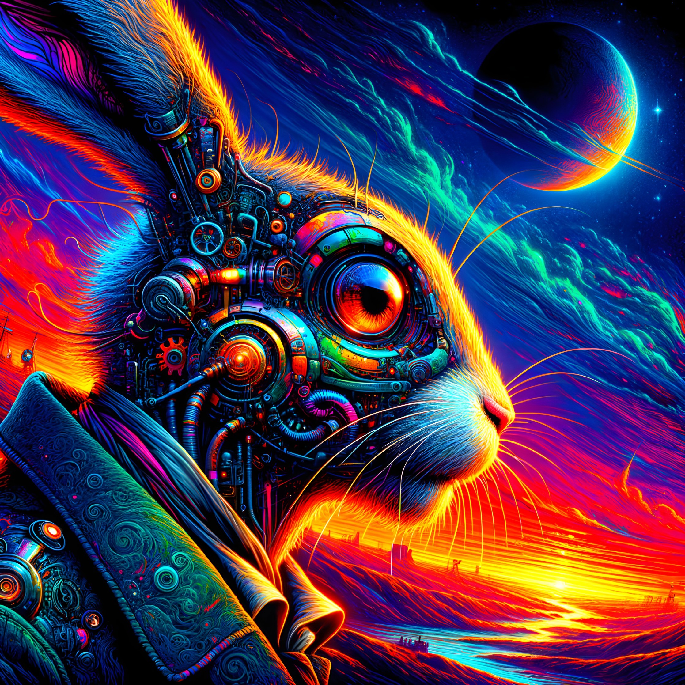 Surreal Rabbit with Mechanical Features in Colorful Scene