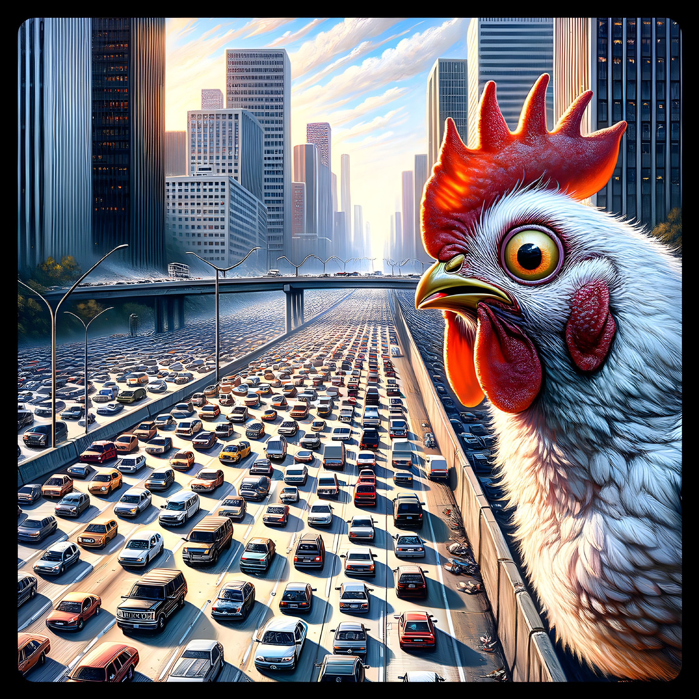 Giant Chicken Overlooks Busy City Traffic Jam Scene