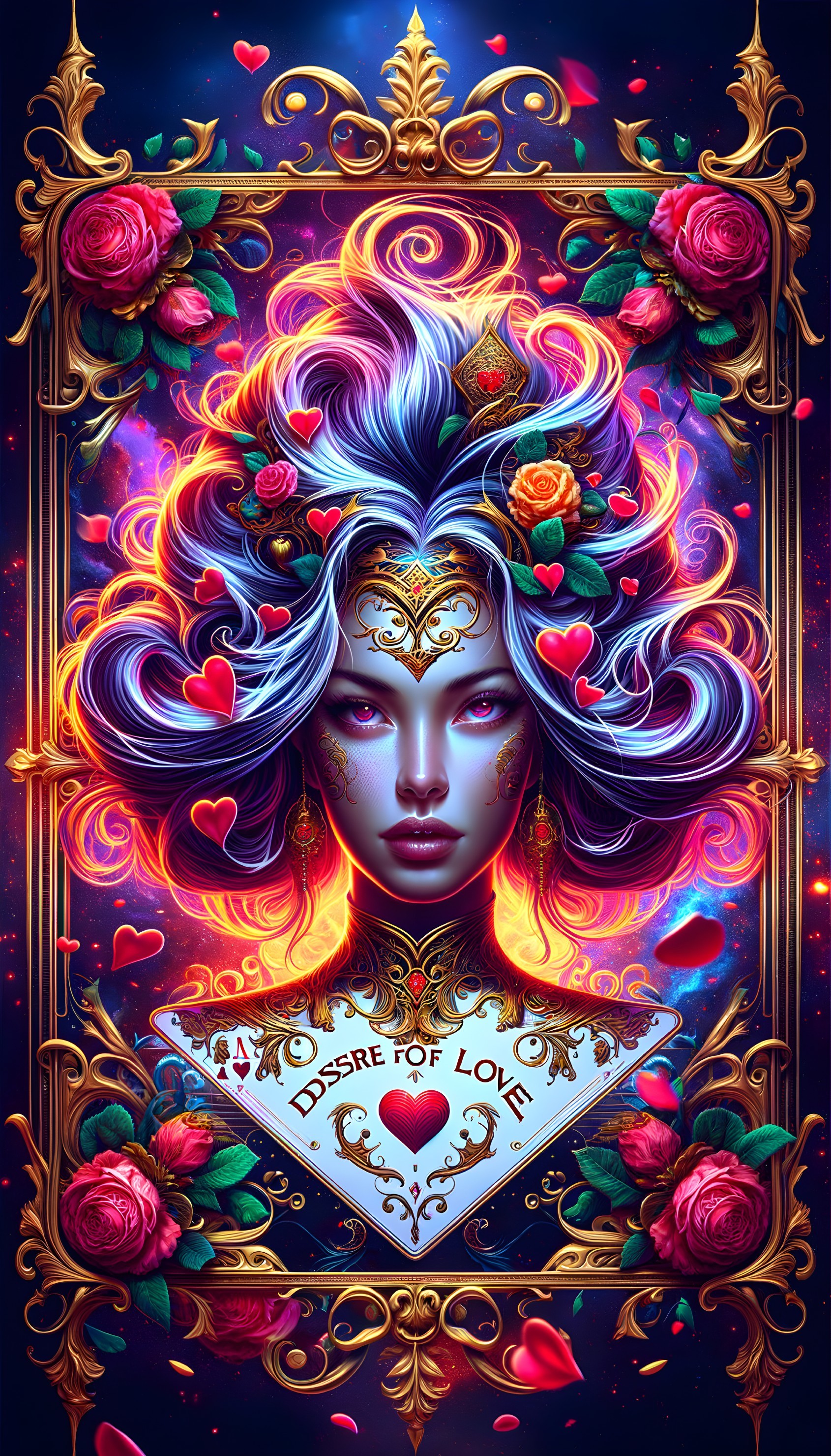 Portrait of a woman with vibrant hair and romantic motifs