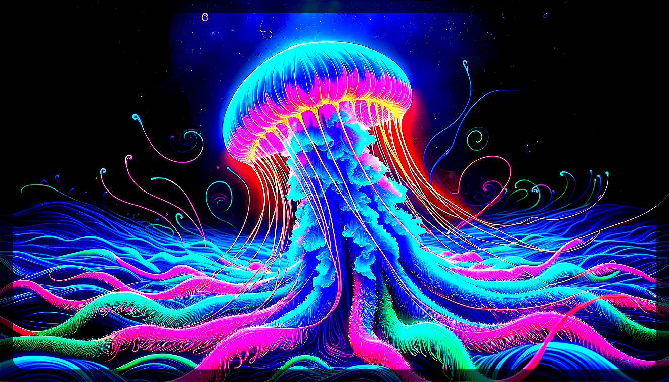 Vibrant Neon Jellyfish with Ethereal Background