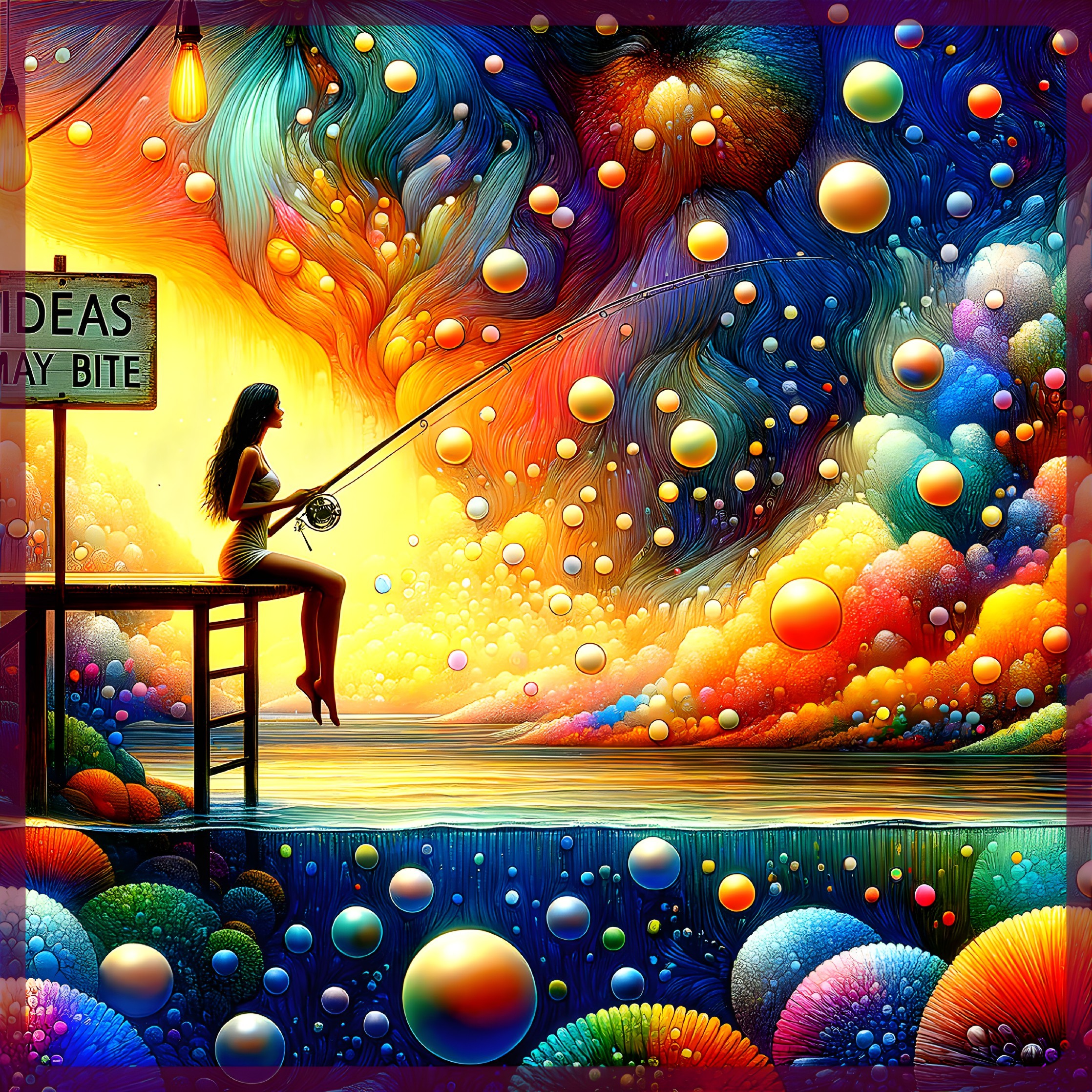 Surreal Scene of Woman Fishing with Cosmic Colors