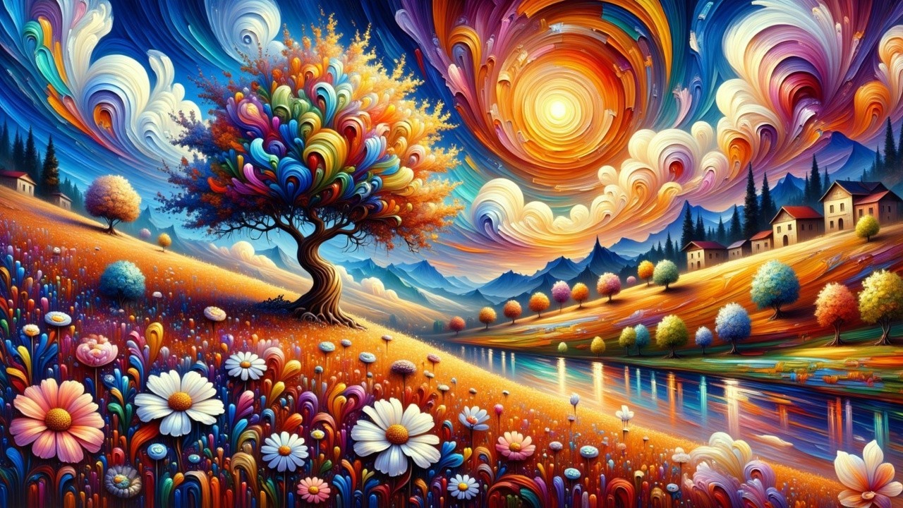 Whimsical Landscape with Colorful Tree and River