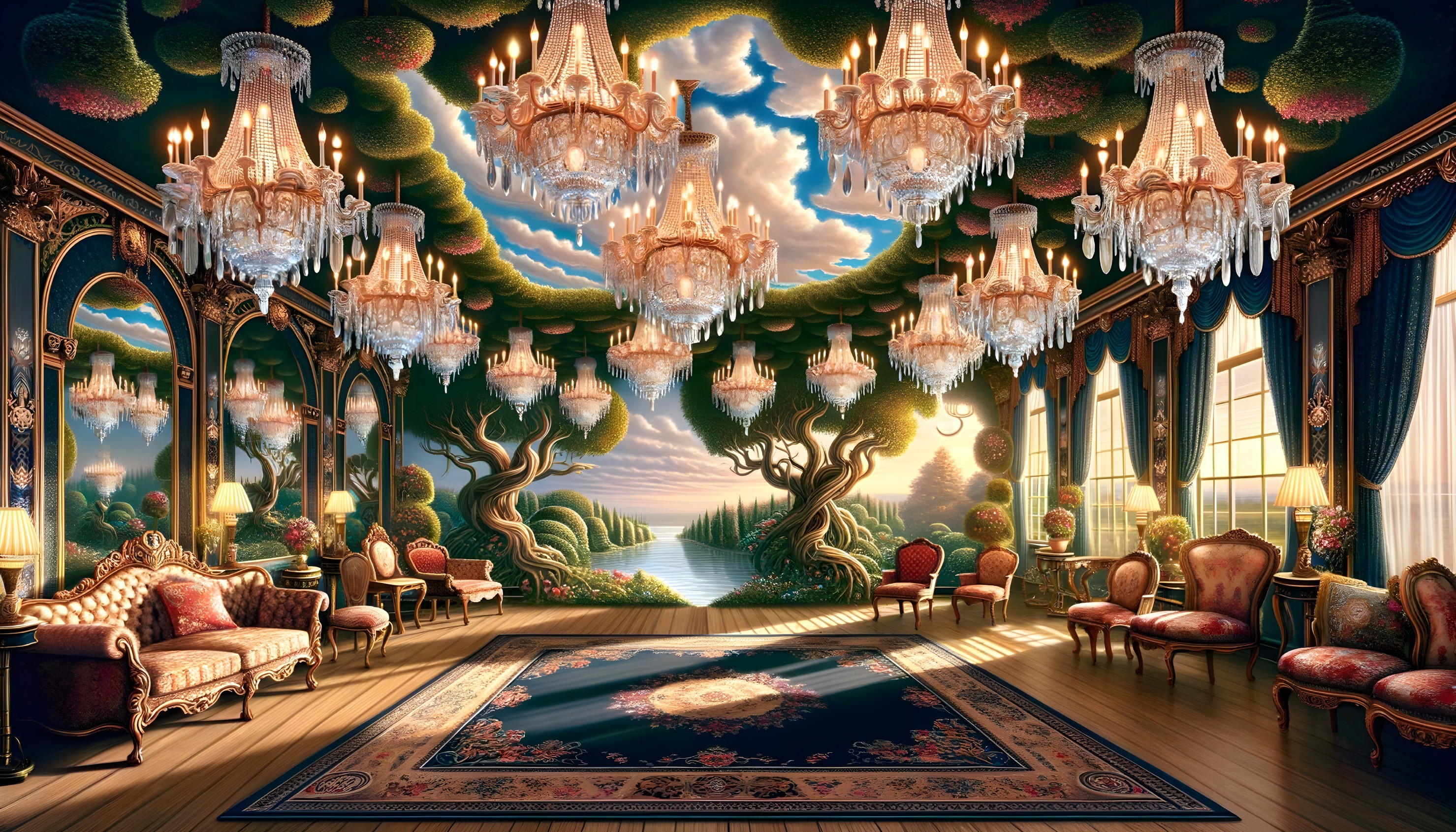Opulent ballroom with ornate chandeliers and decor