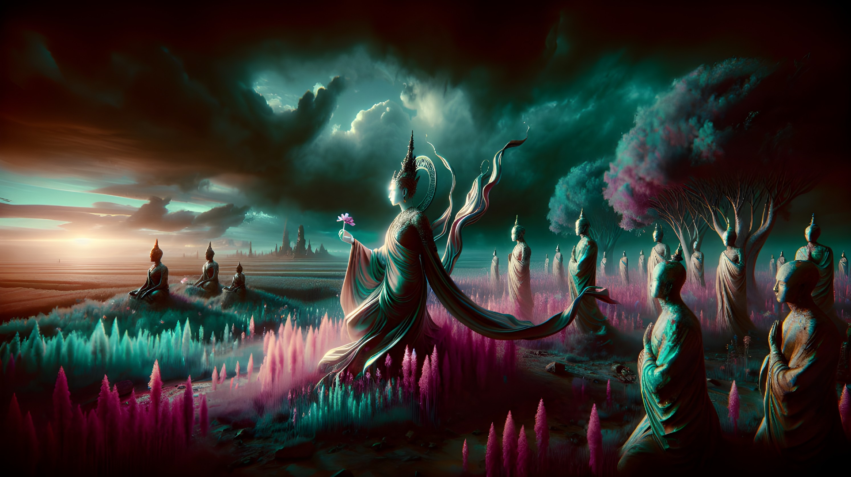 Surreal Landscape with Buddha and Glowing Lotus Flower